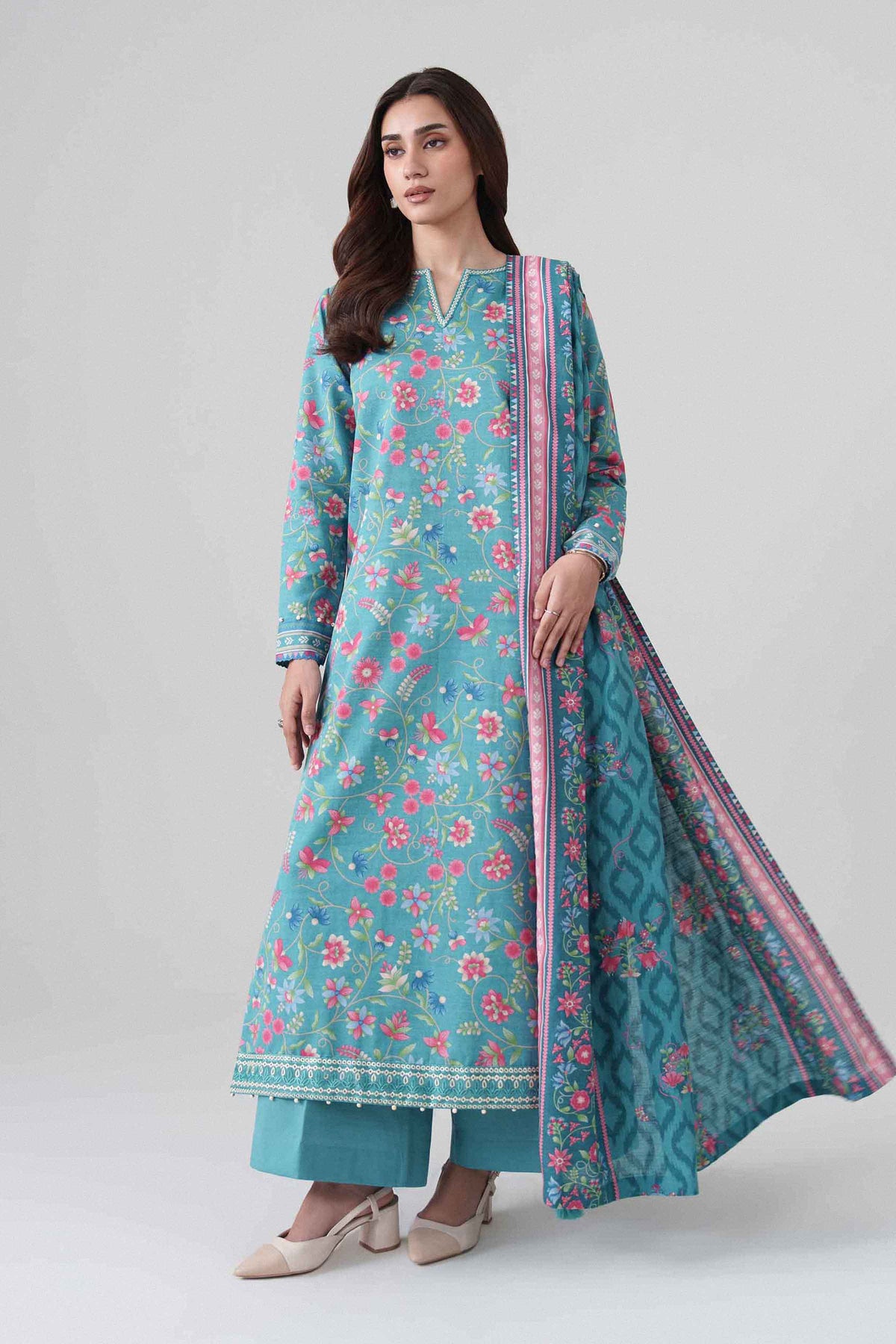 3-Piece Printed Embroidered Suit in Khaddar unstitched