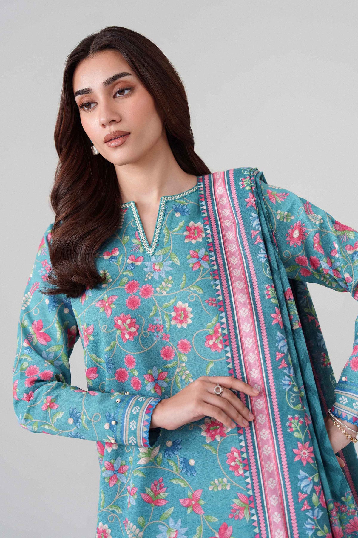 3-Piece Printed Embroidered Suit in Khaddar unstitched