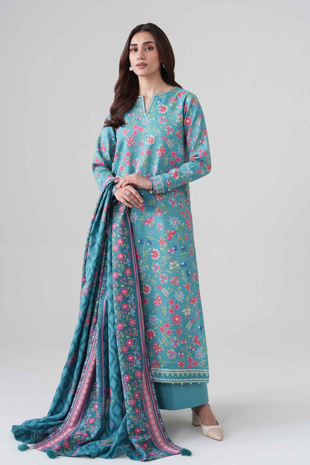 3-Piece Printed Embroidered Suit in Khaddar unstitched