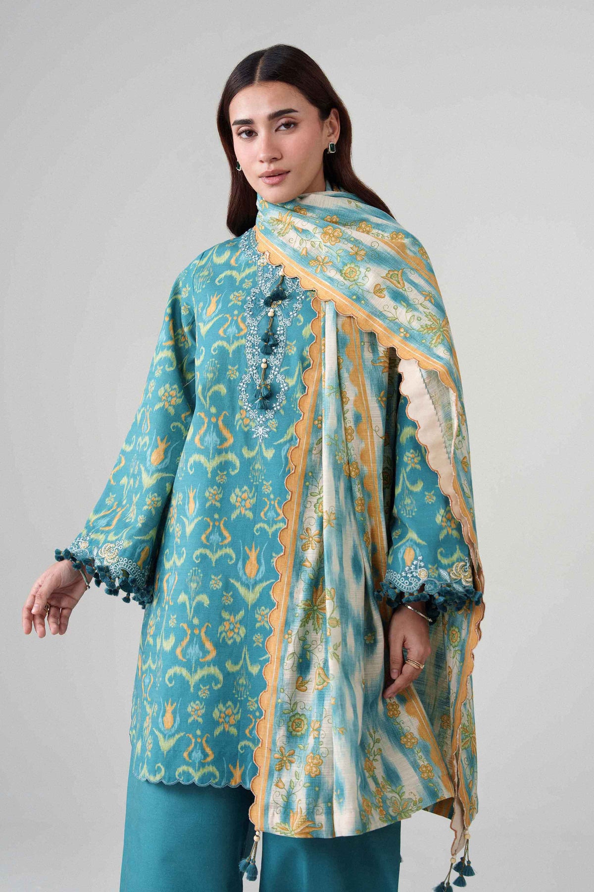 Blue 3-Piece Printed Embroidered Suit in Khaddar unstitched