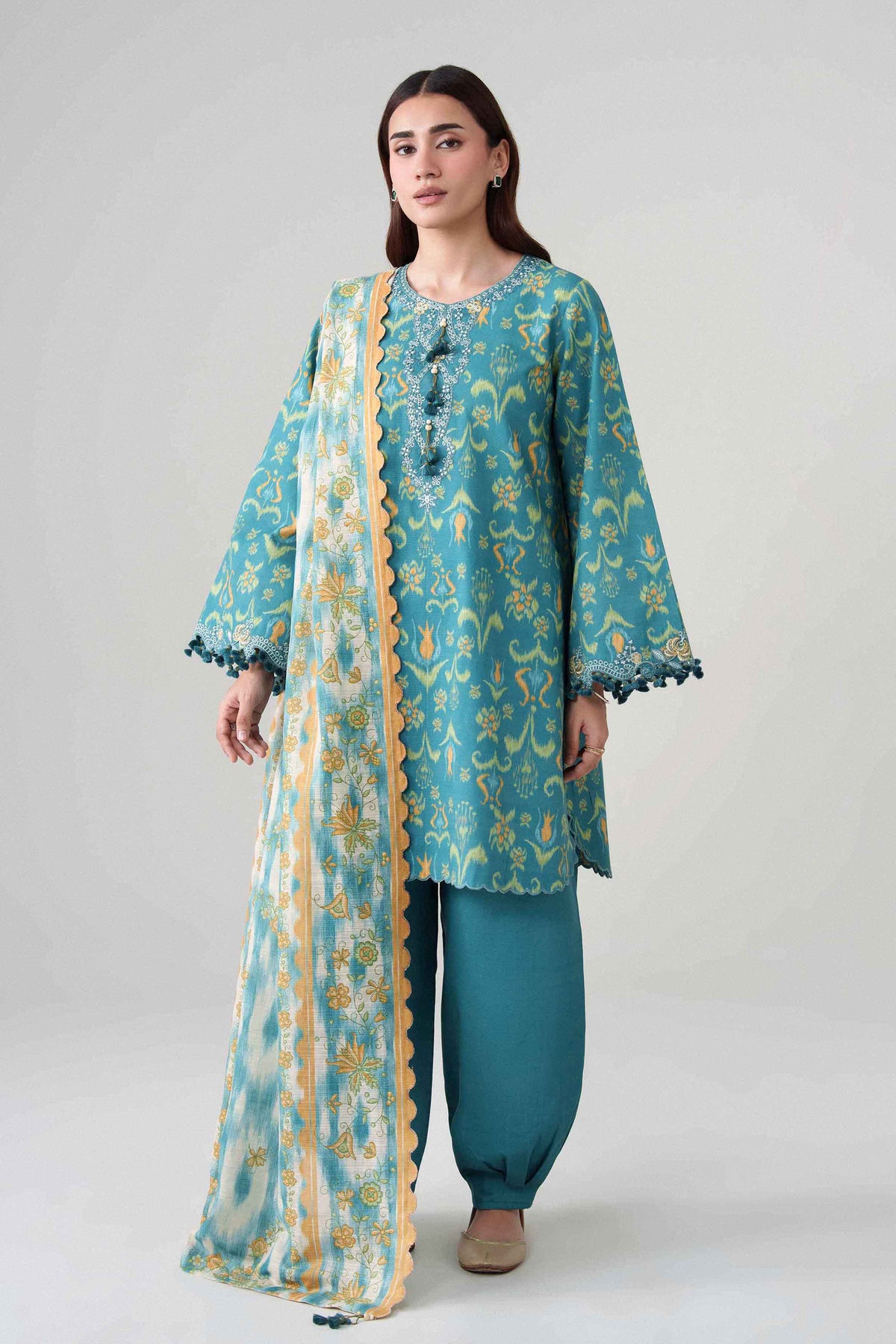 Blue 3-Piece Printed Embroidered Suit in Khaddar unstitched