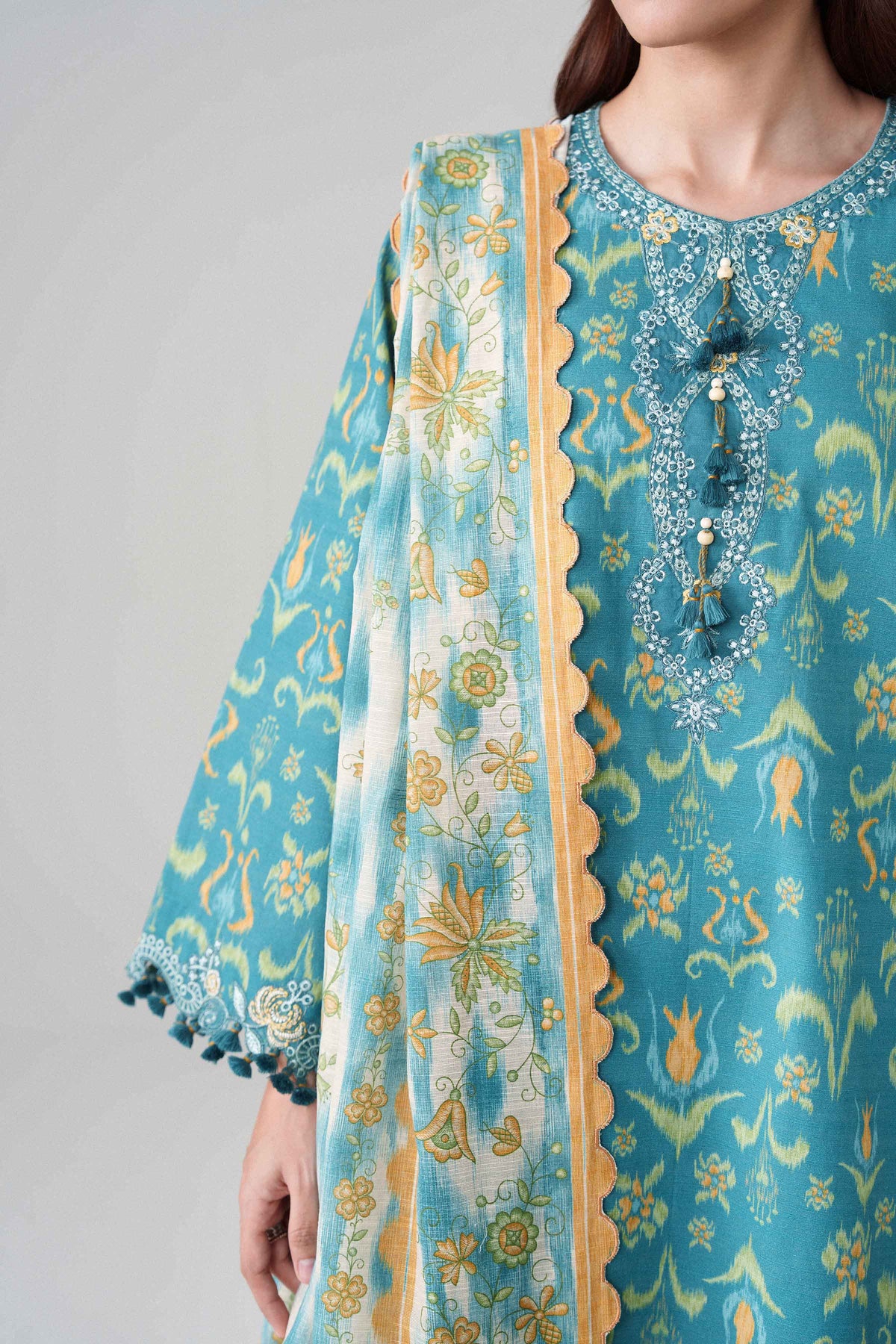 Blue 3-Piece Printed Embroidered Suit in Khaddar unstitched