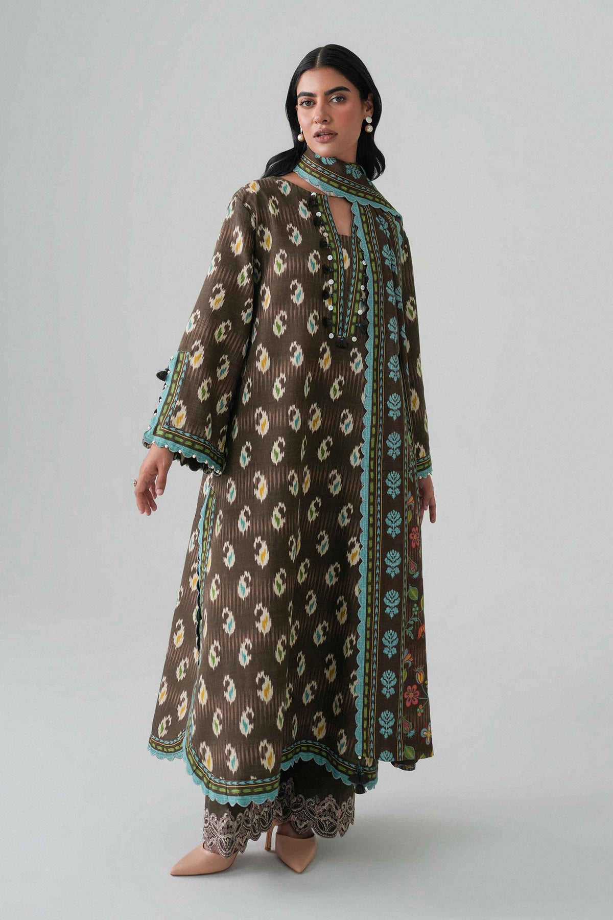 Brown 3-Piece Printed Embroidered Suit in Khaddar unstitched
