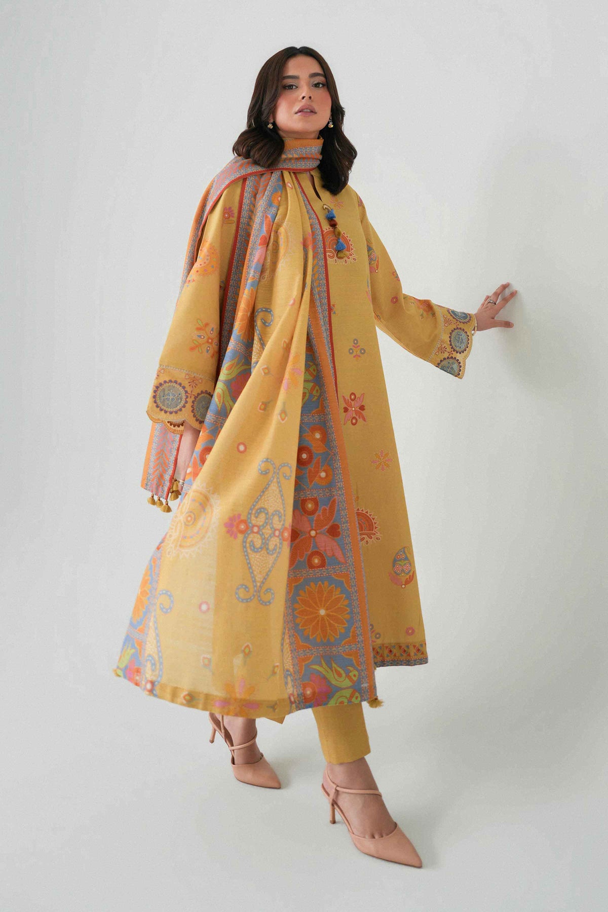 Orange 3-Piece Printed Embroidered Suit in Khaddar unstitched
