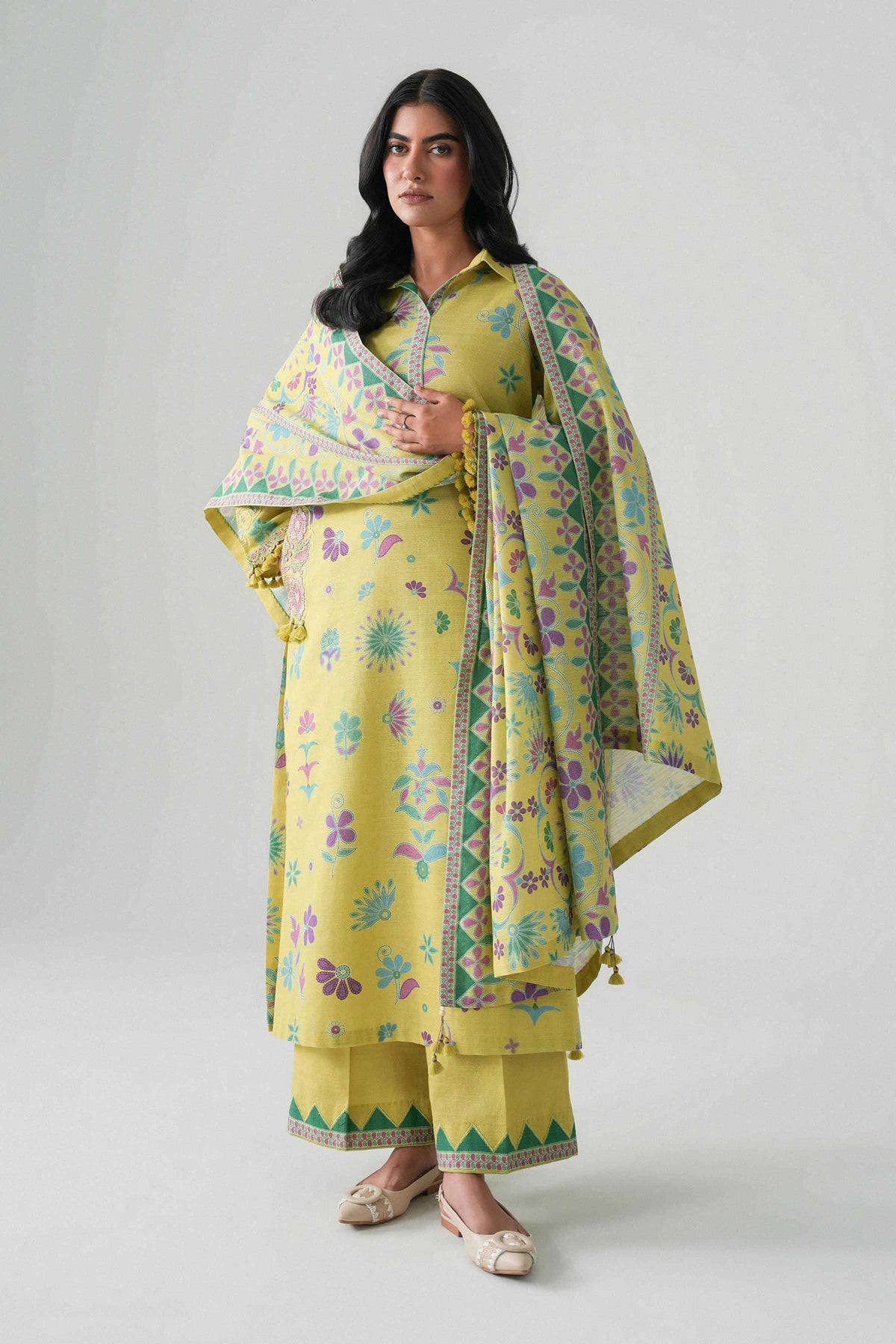 Yellow 3-Piece Printed Embroidered Suit in Khaddar unstitched