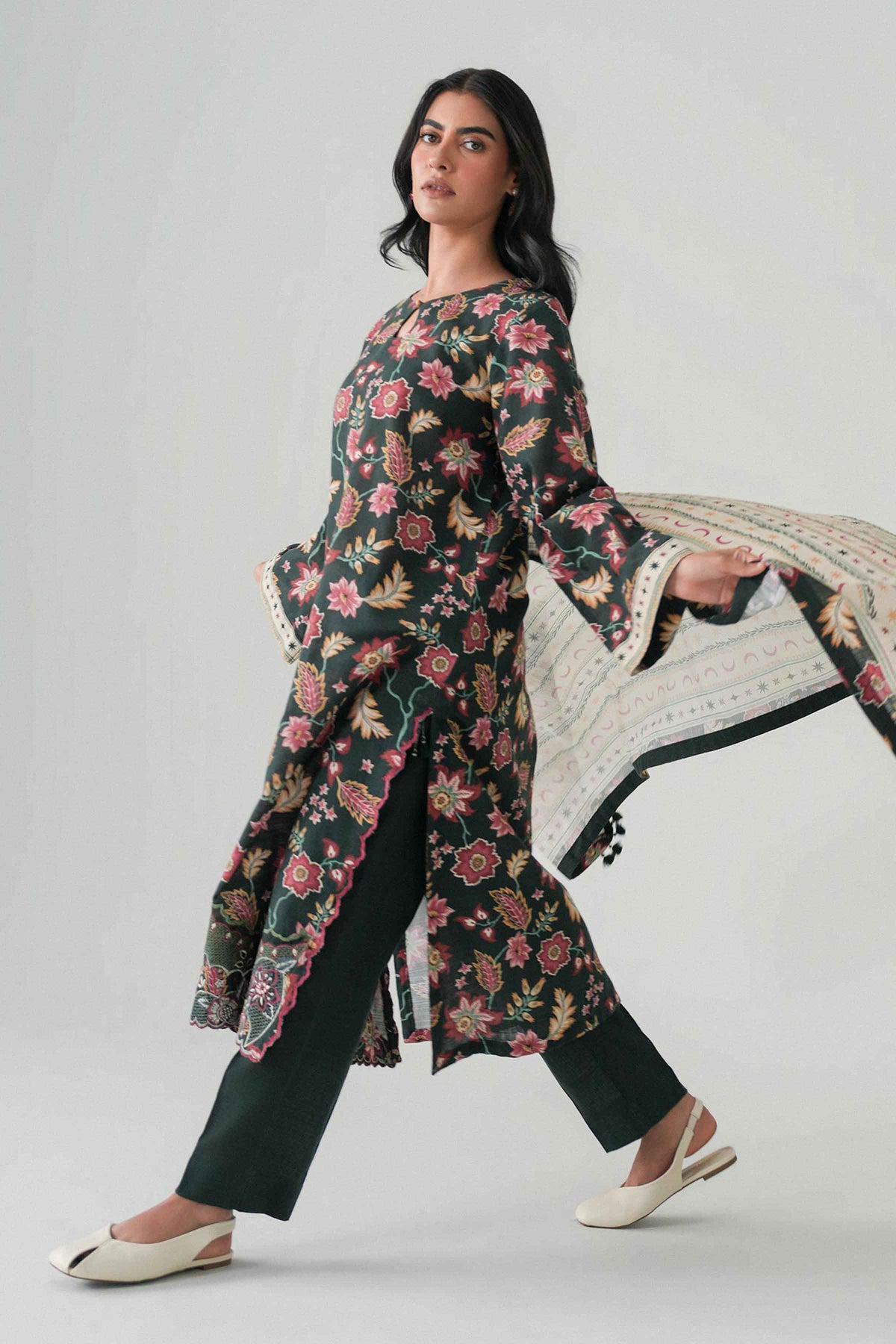 Green 3-Piece Printed Embroidered Suit in Khaddar unstitched
