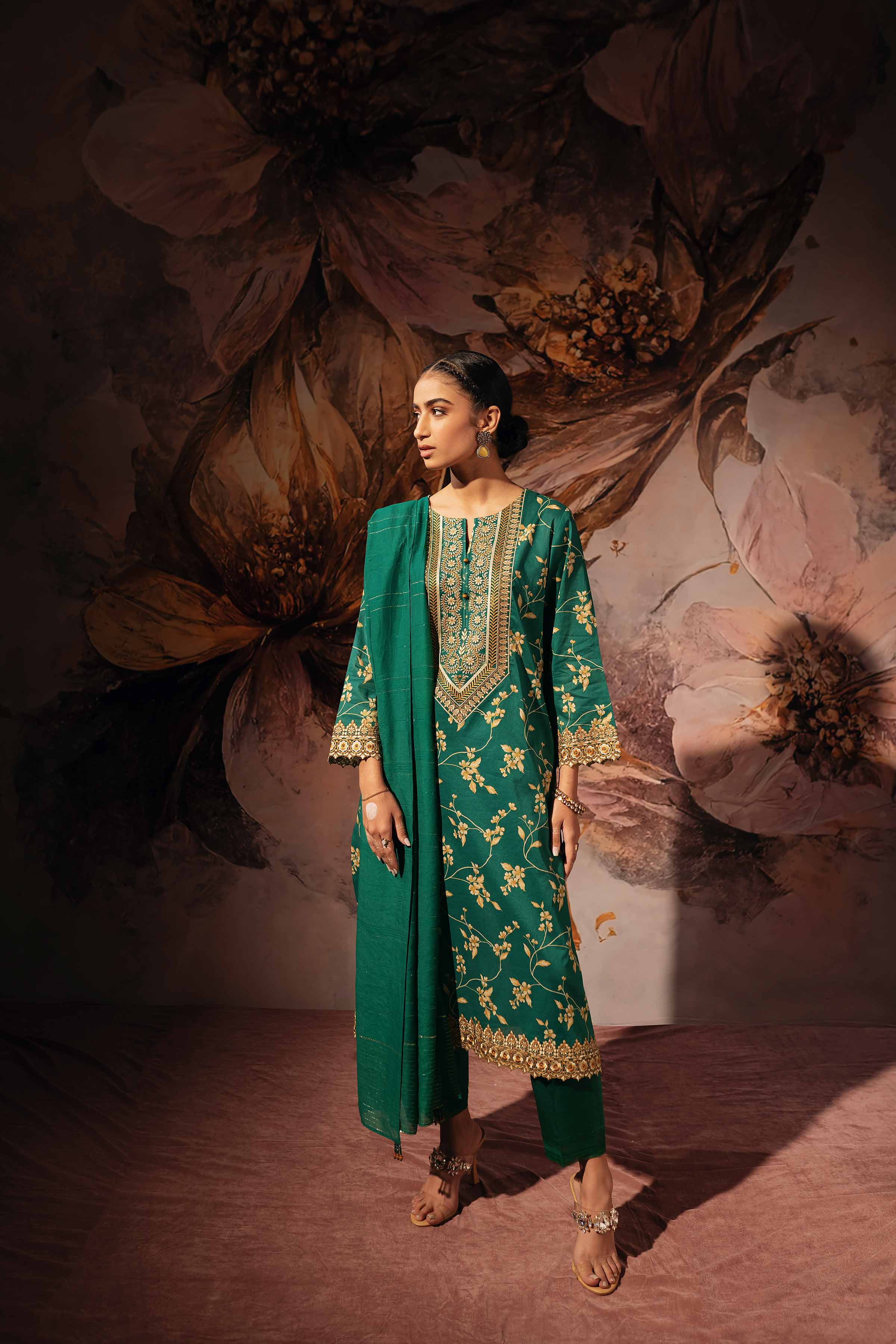 2 Piece - Gold Printed Embroidered Suit - 42301229