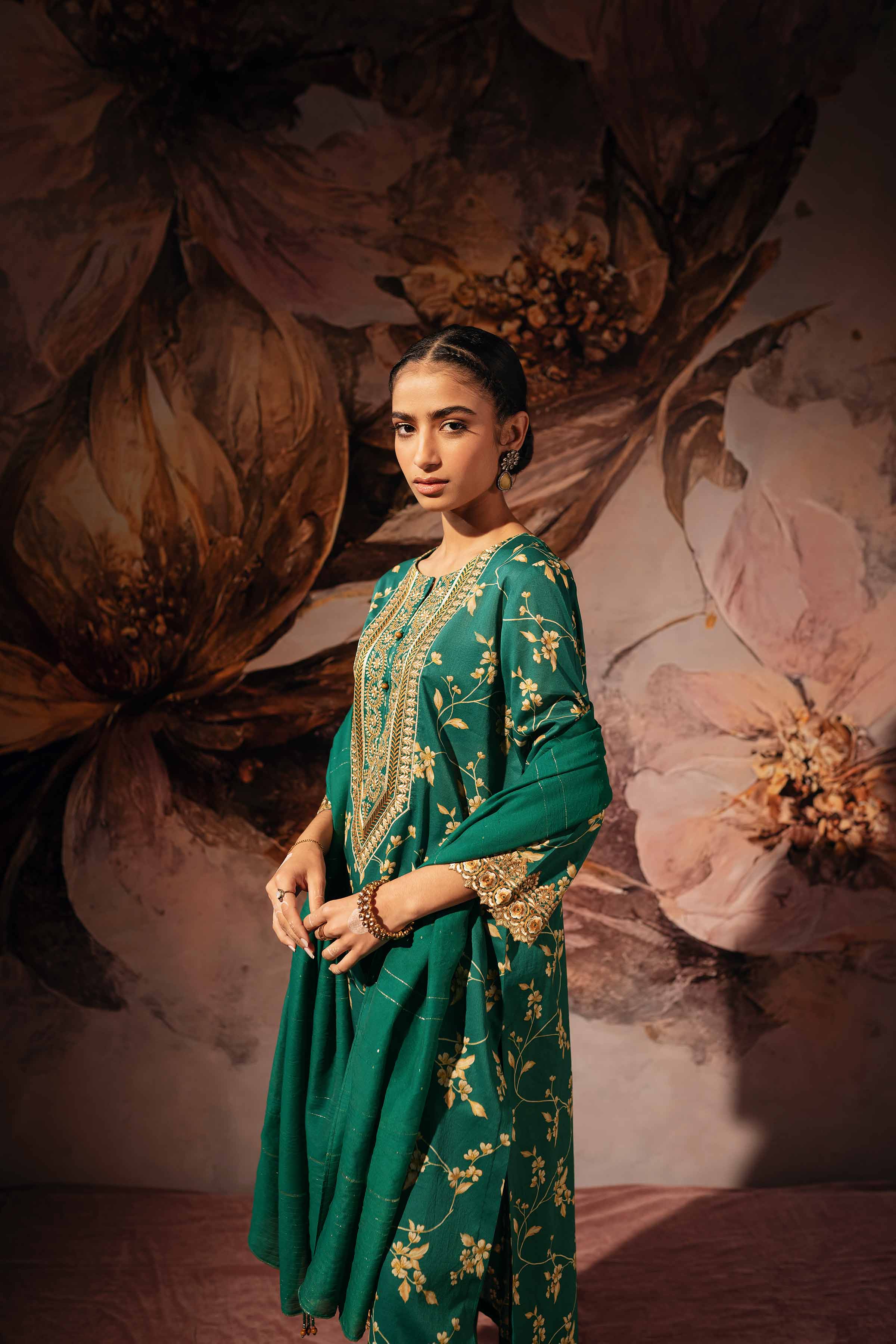 2 Piece - Gold Printed Embroidered Suit - 42301229