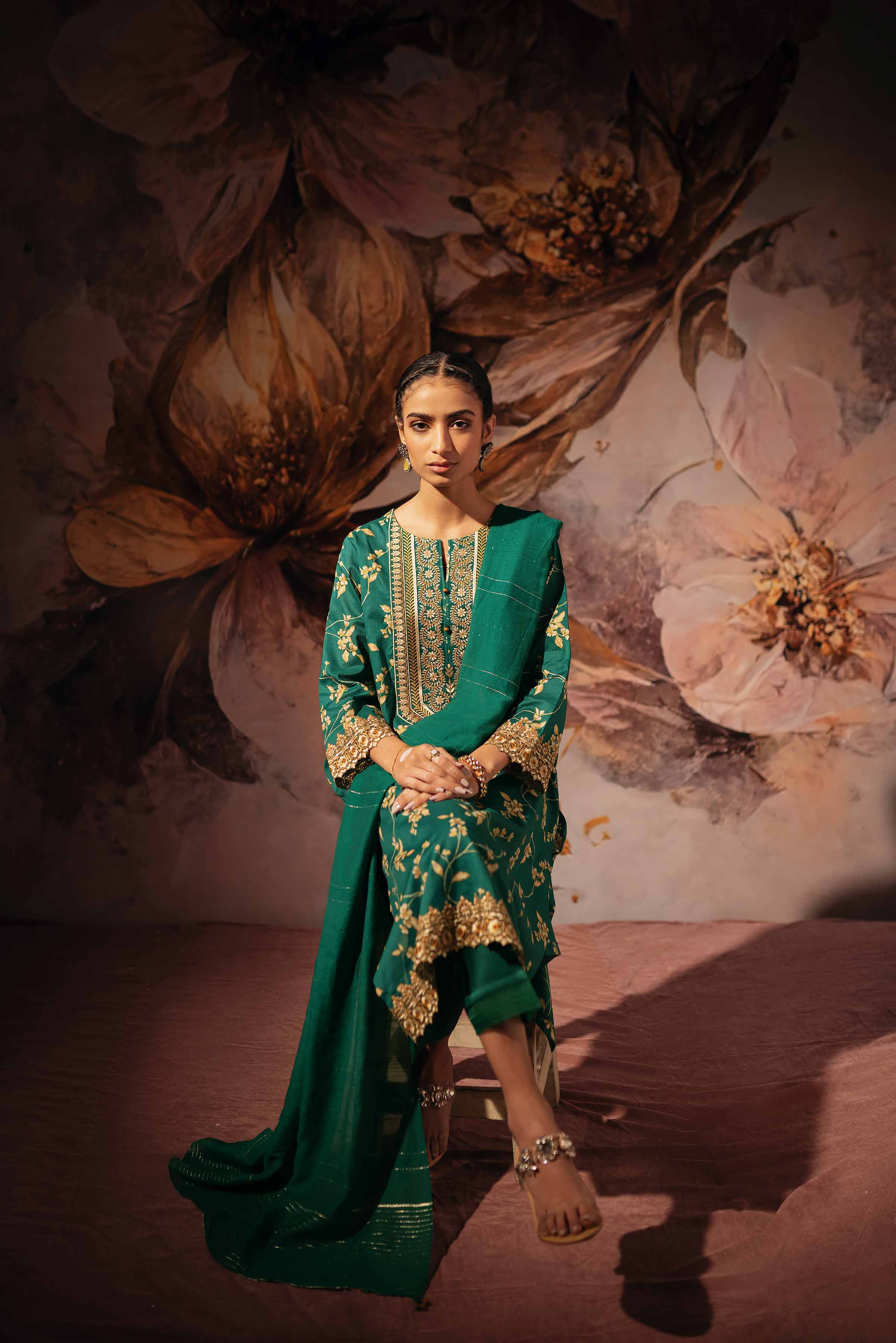 2 Piece - Gold Printed Embroidered Suit - 42301229