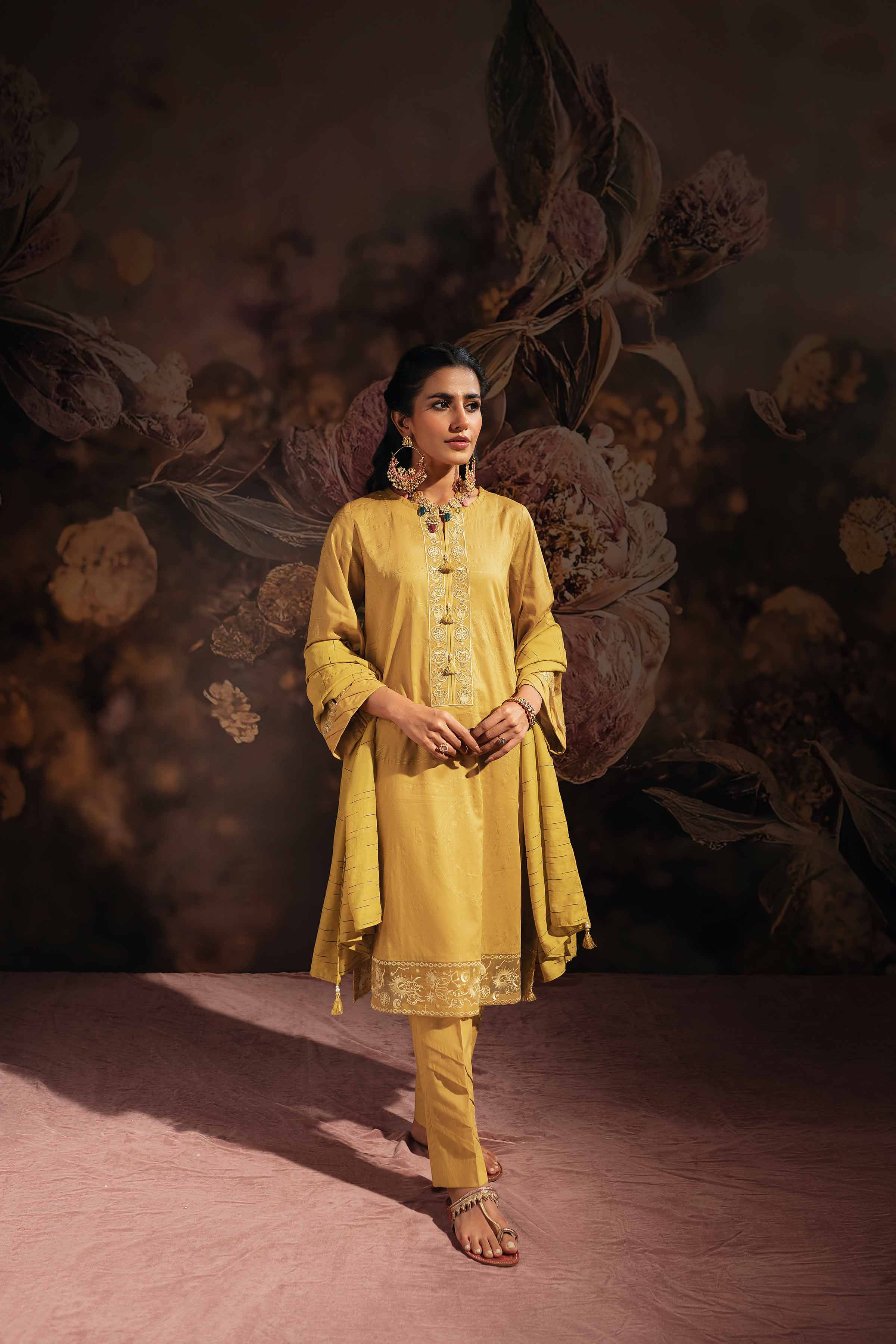 2 Piece - Gold Printed Embroidered Suit - 42301234