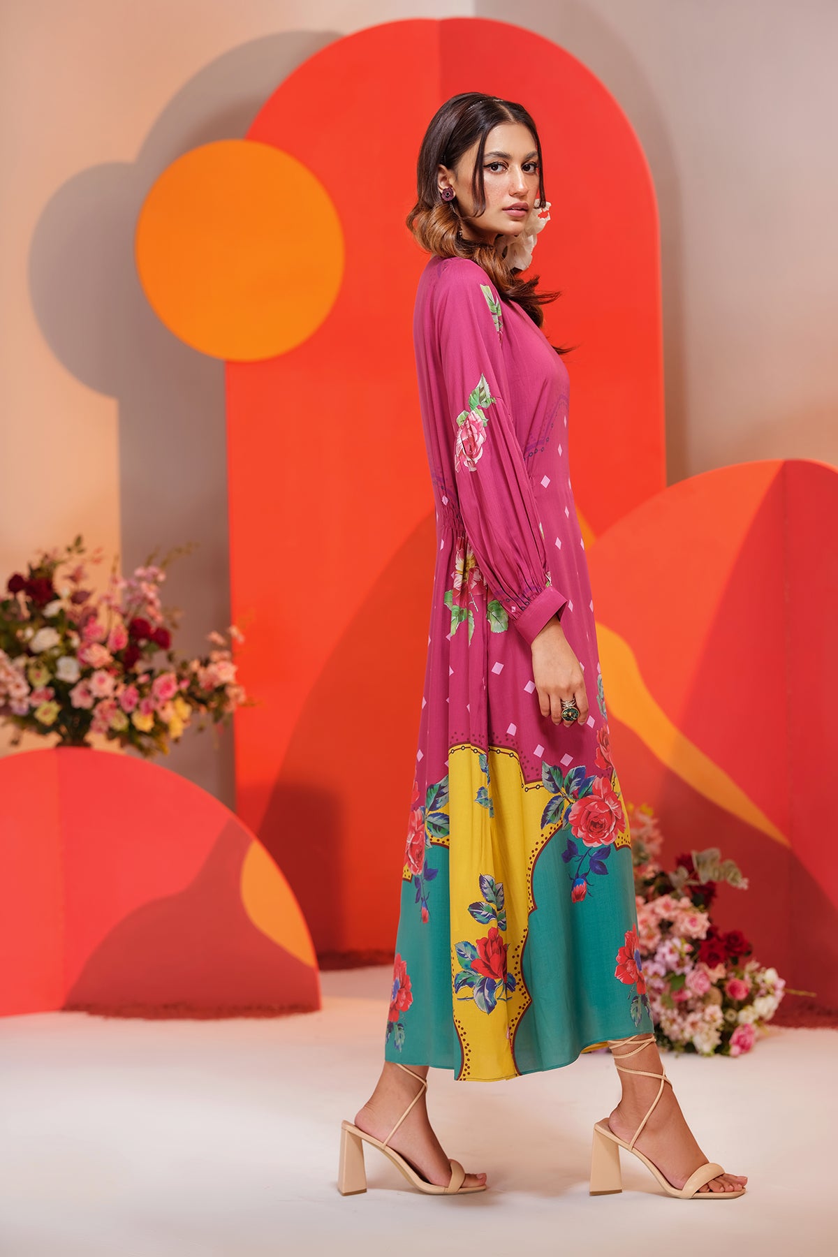 AS22-09-Side Gathers Printed Long Dress
