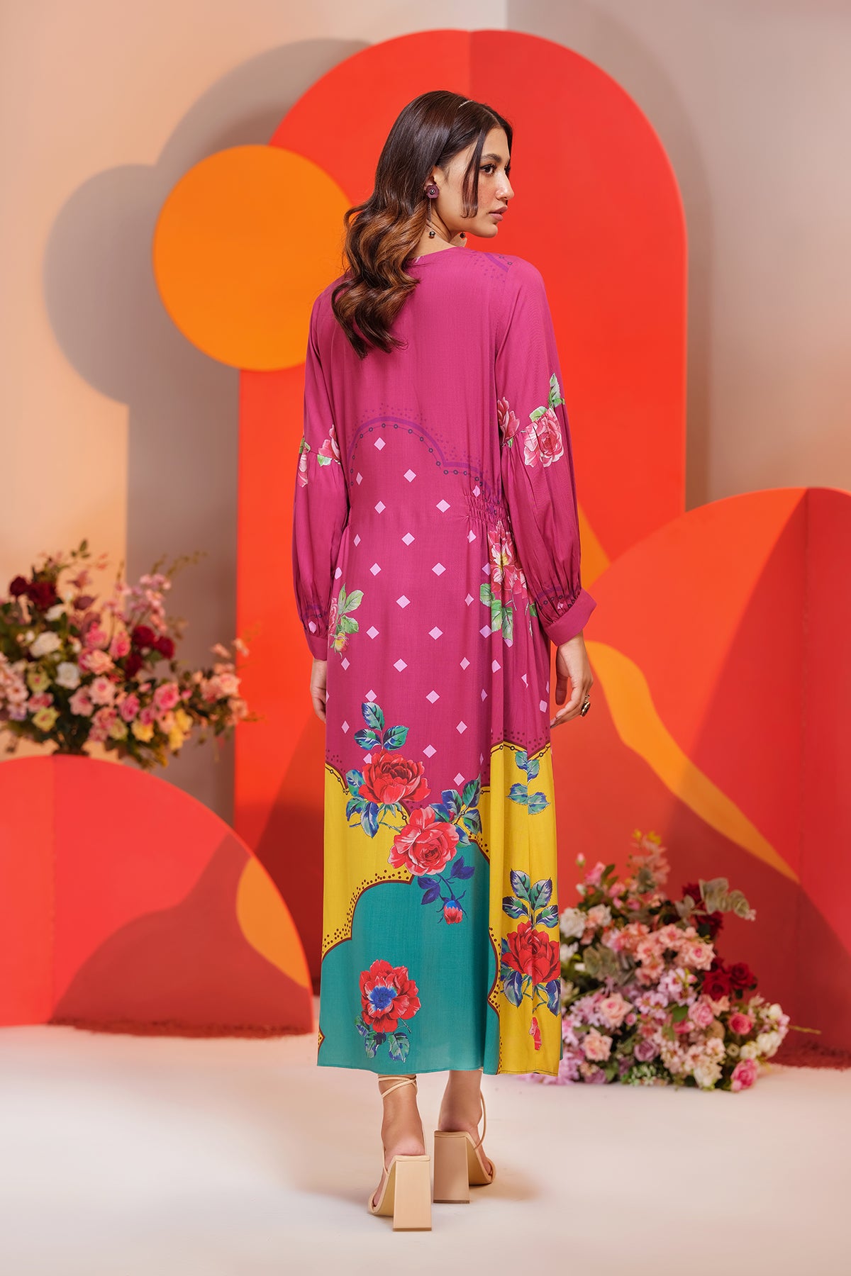AS22-09-Side Gathers Printed Long Dress