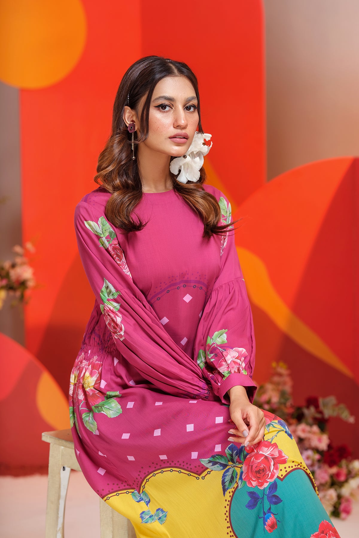 AS22-09-Side Gathers Printed Long Dress