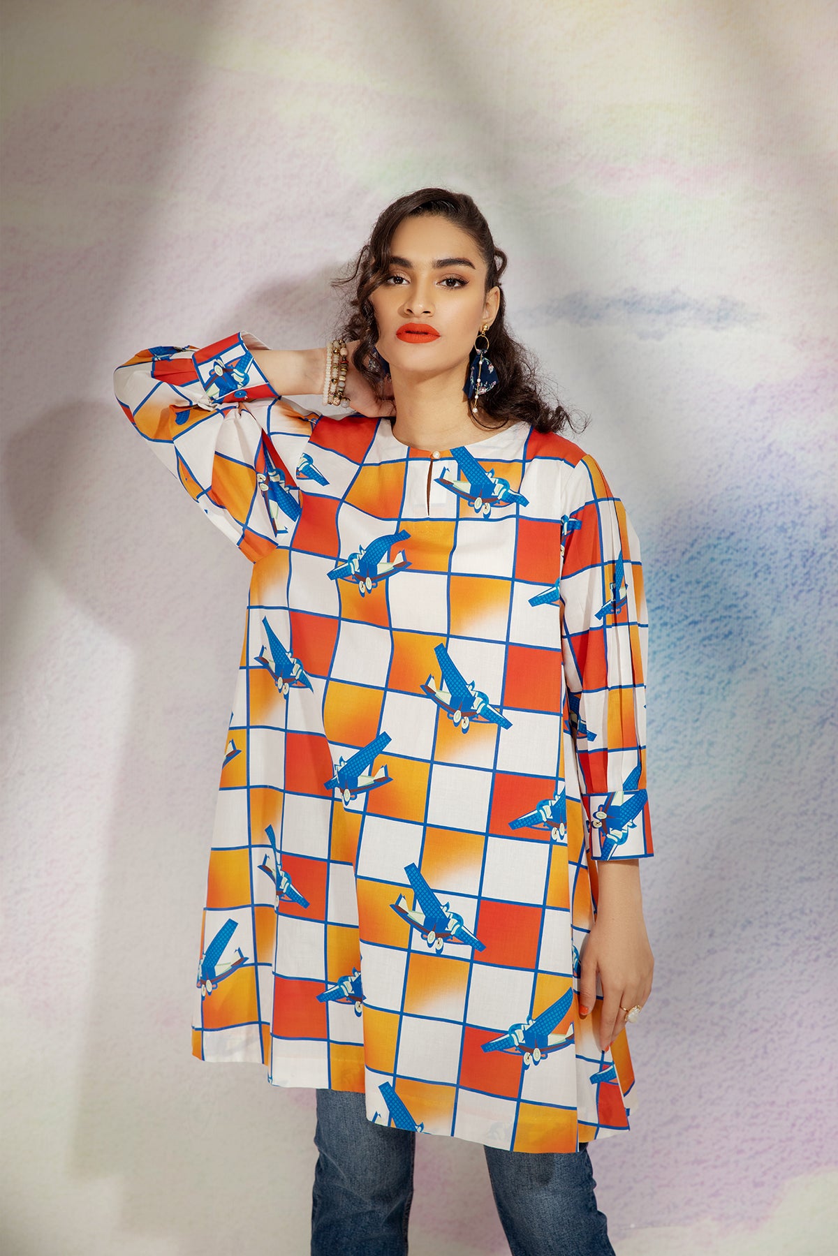 AS22-23-Pleated Sleeves Printed Tunic