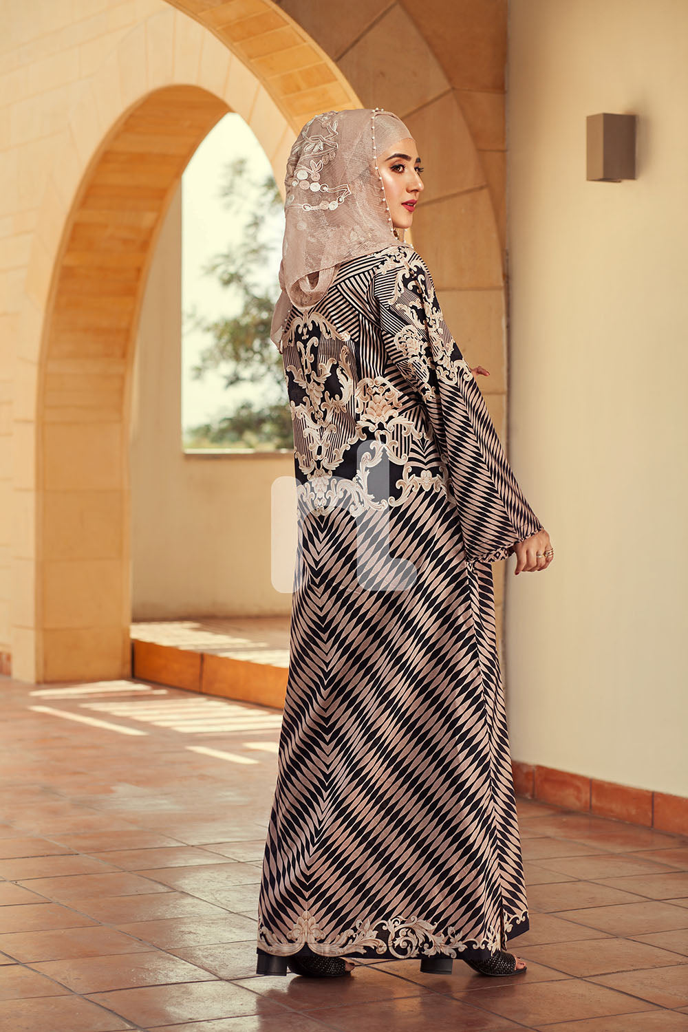 DE19-10 Brown Digital Printed Stitched Pima Cotton Jalabiya - 1PC - Nishat Linen UAE
