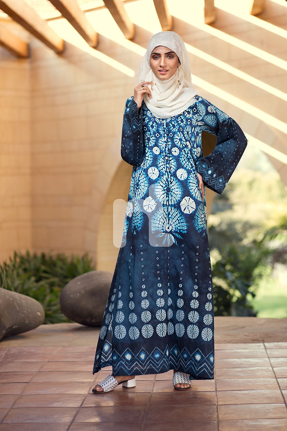 DE19-15 Blue Digital Printed Stitched Pima Cotton Jalabiya - 1PC - Nishat Linen UAE