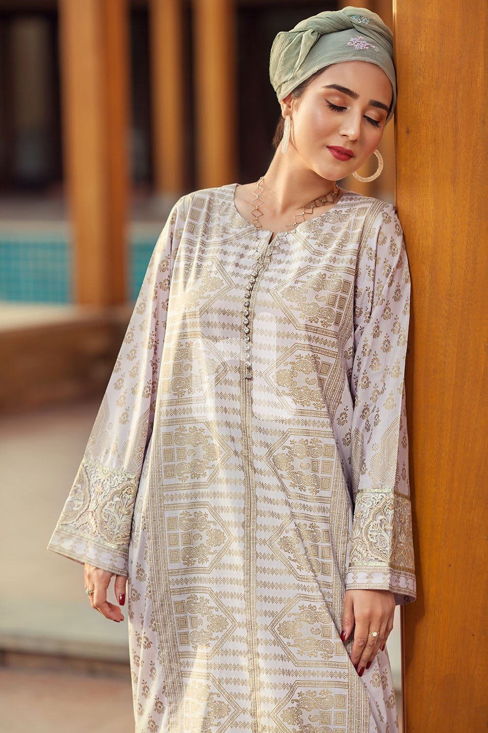 DE19-31 Pink Digital Printed Stitched Cambric Jalabiya - 1PC - Nishat Linen UAE