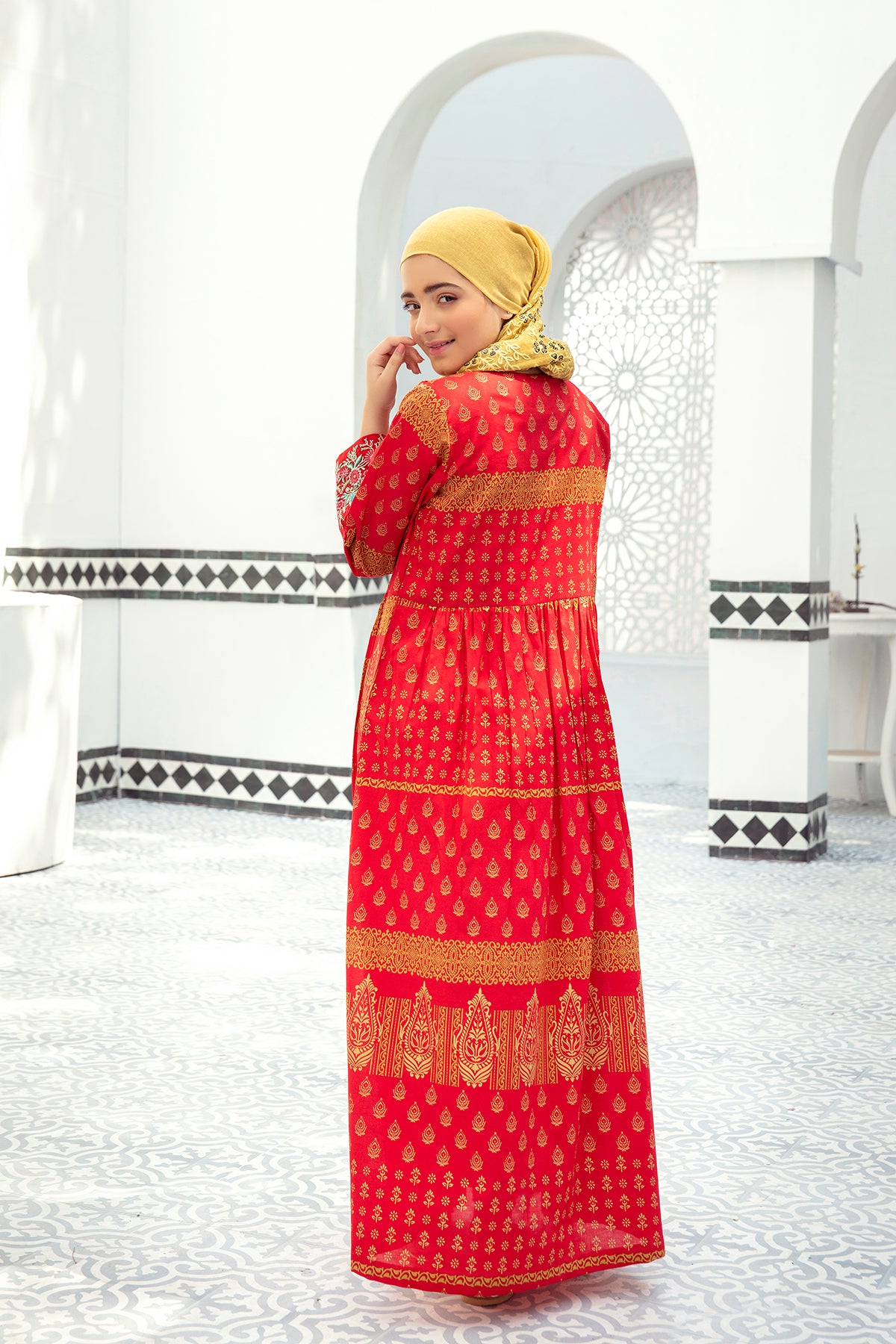 DE21-12-Embroidered Yoke with Button Detailing Kid Fustaan-1PC