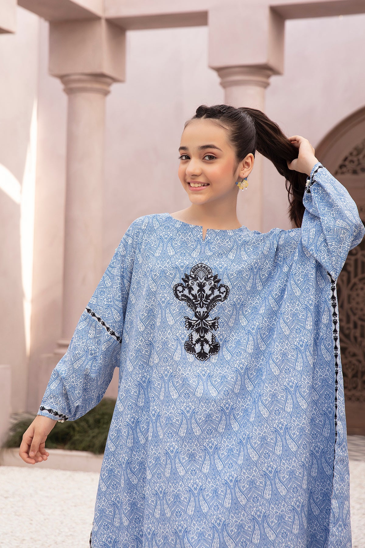 DE22-27-Organza Detailing Printed Embroidered Fustaan 1PC