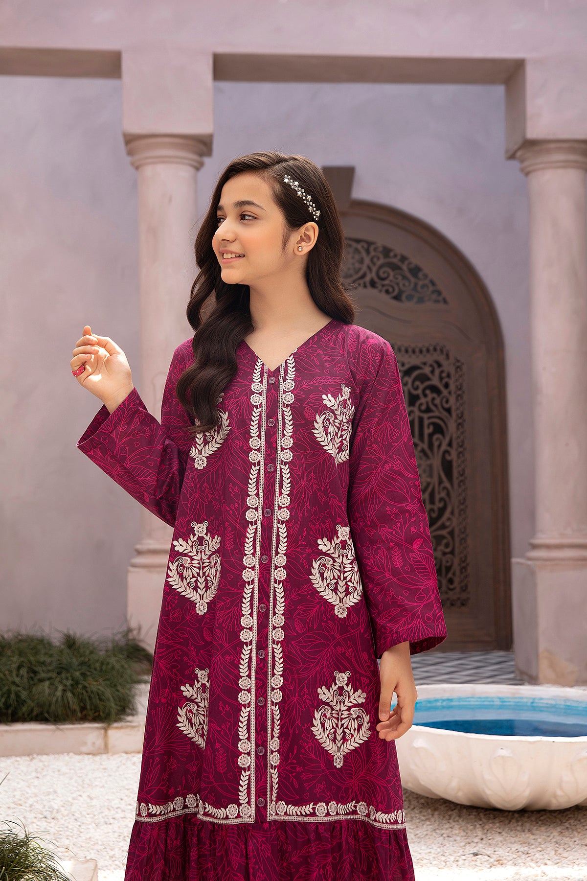 DE22-32-Button Down Printed Embroidered Fustaan 1PC