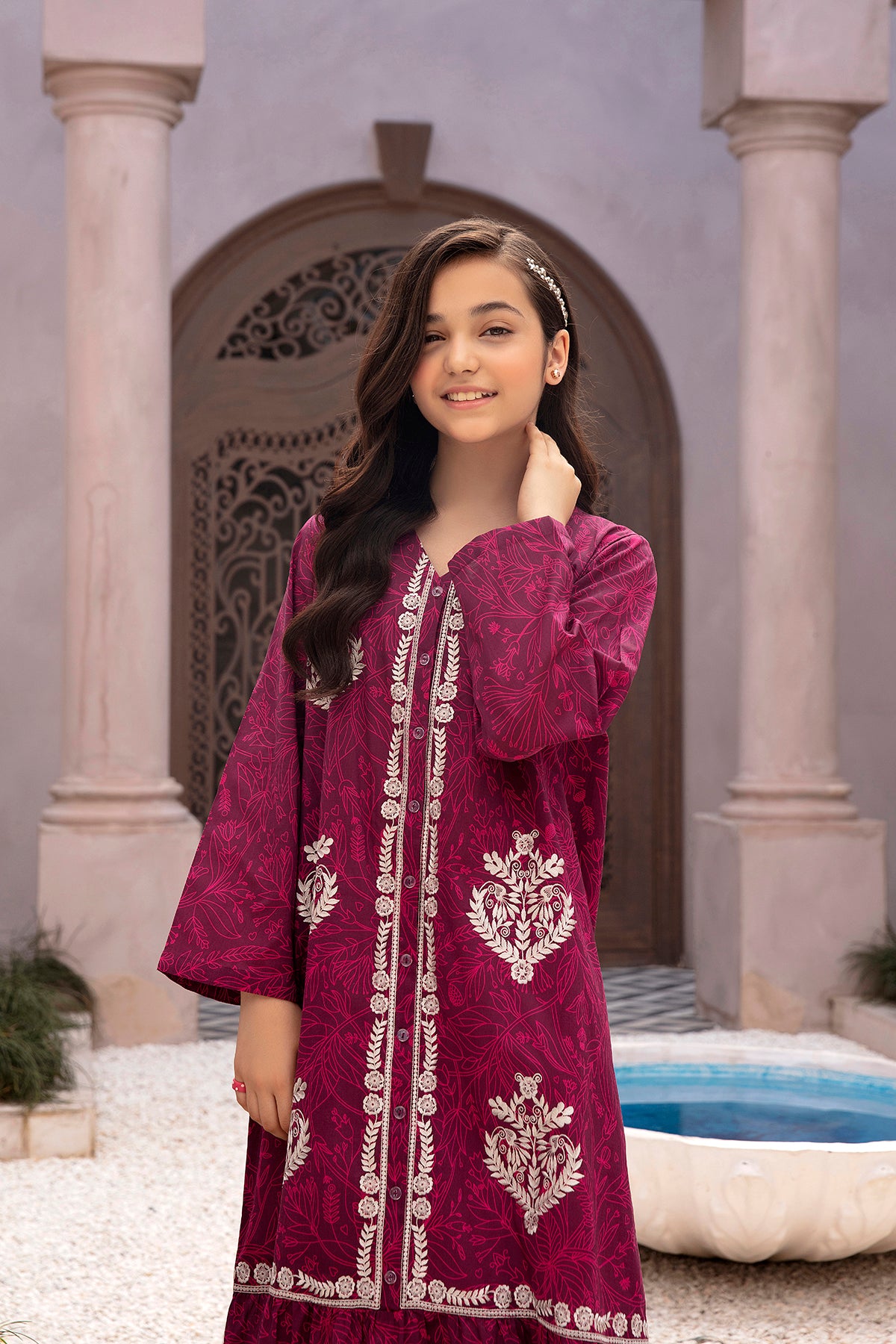 DE22-32-Button Down Printed Embroidered Fustaan 1PC