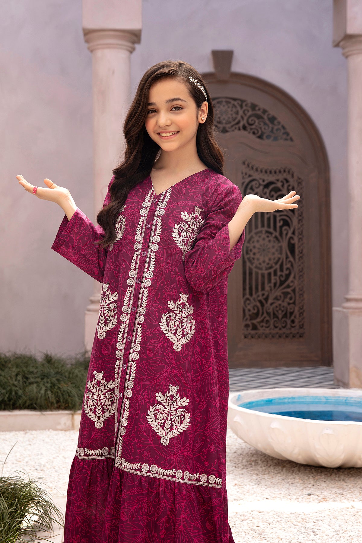 DE22-32-Button Down Printed Embroidered Fustaan 1PC