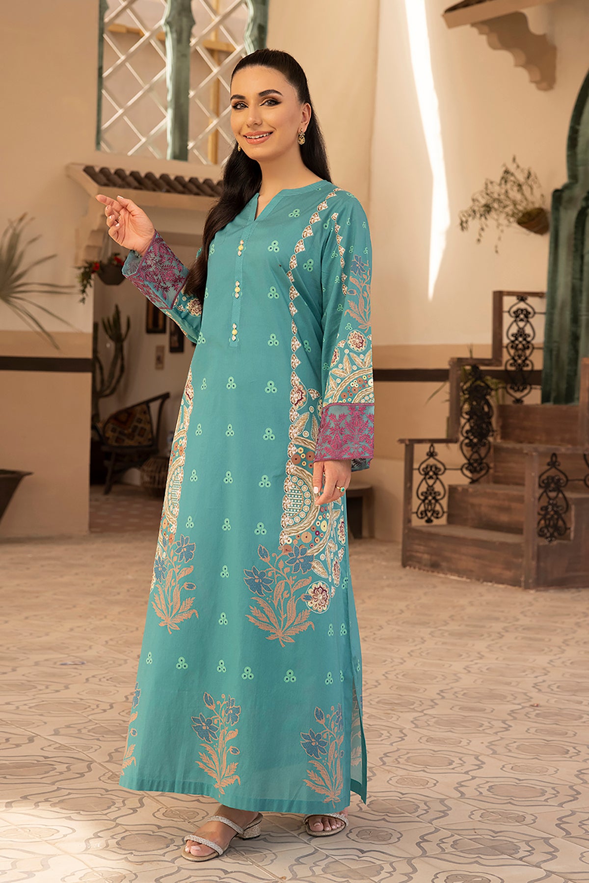 DS22-138-Placket Detailing Printed Embroidered Fustaan 1PC