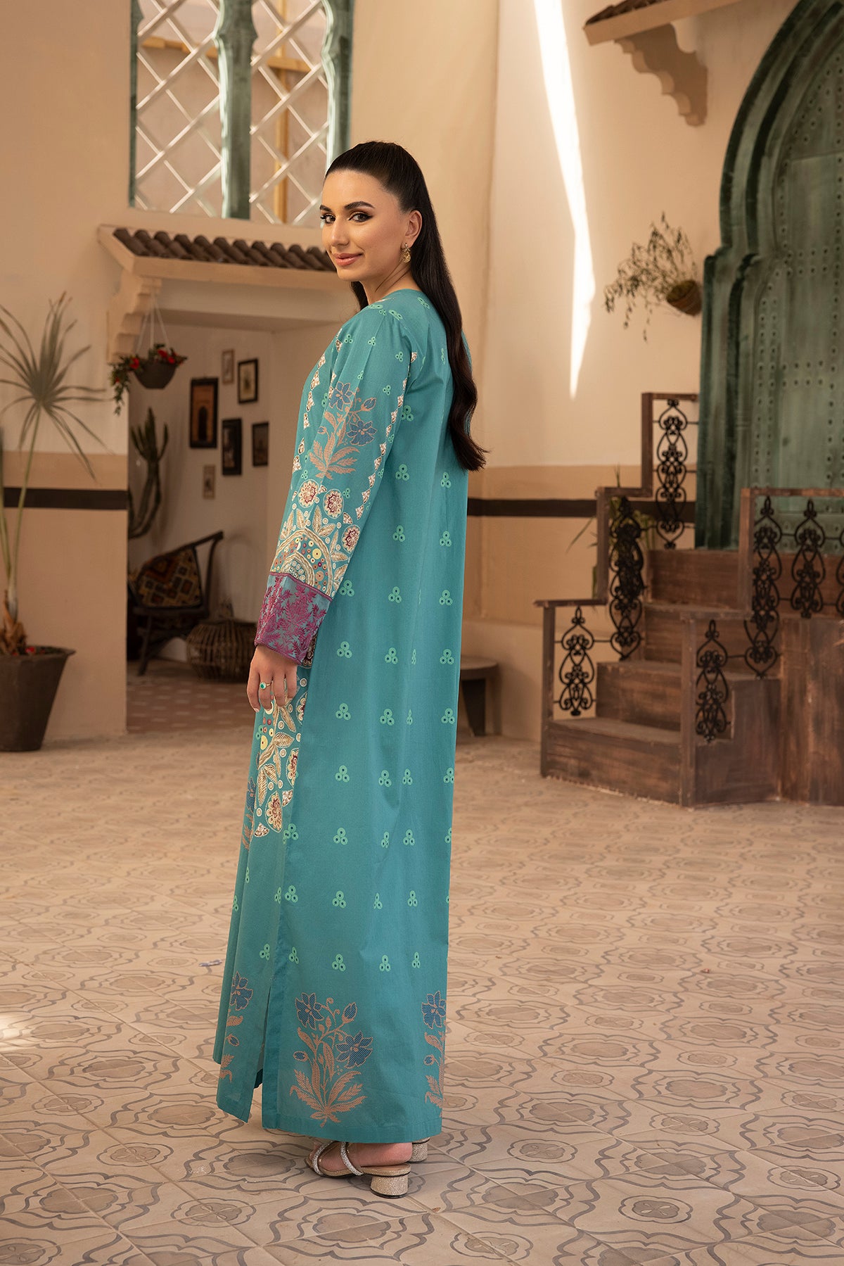 DS22-138-Placket Detailing Printed Embroidered Fustaan 1PC
