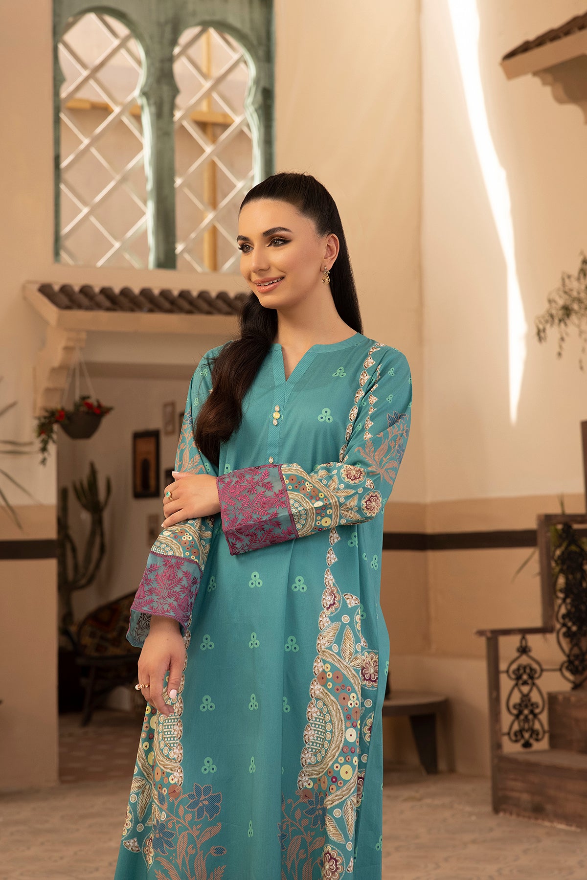 DS22-138-Placket Detailing Printed Embroidered Fustaan 1PC