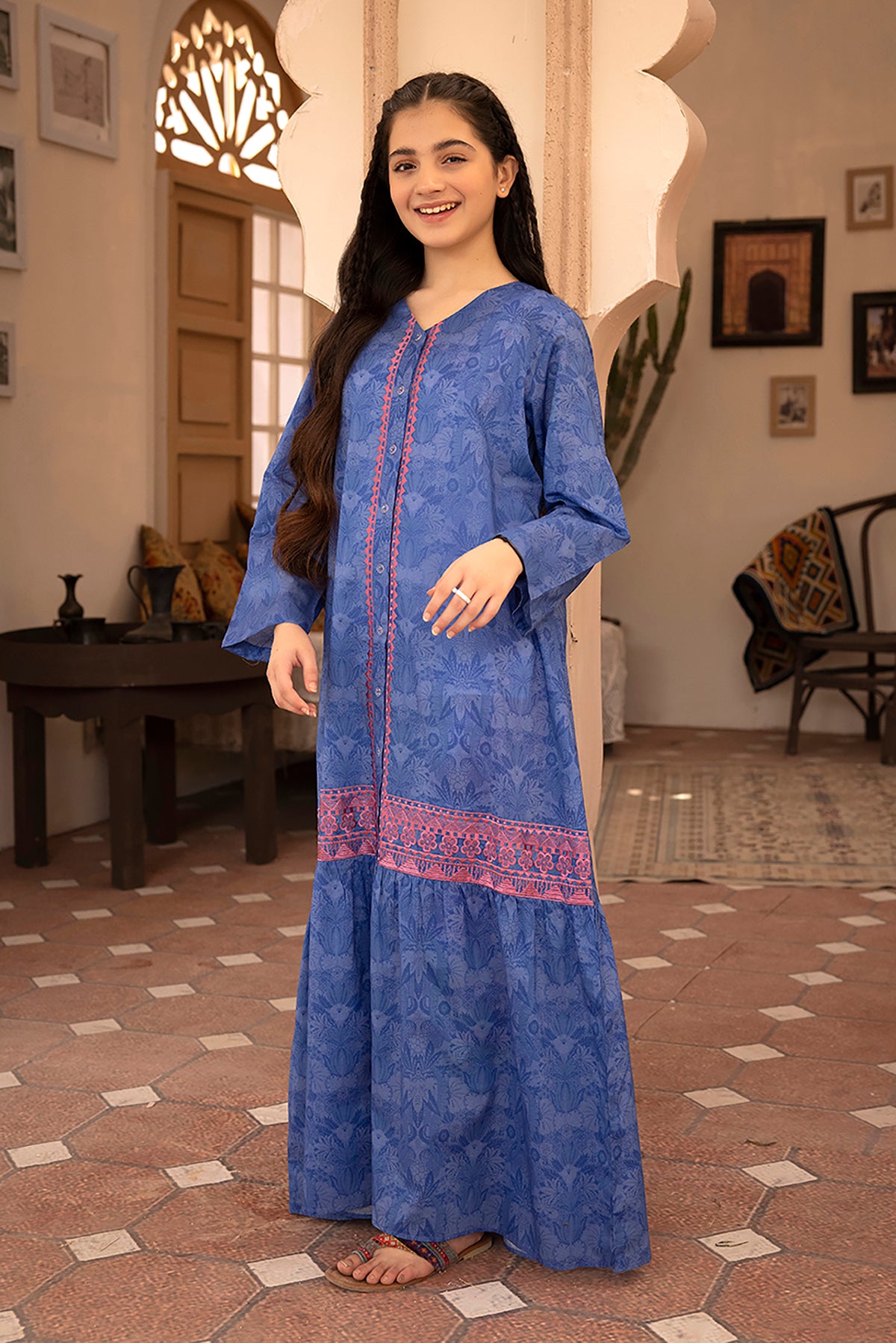 DS22-145-Printed Embroidered Button Down Fustaan 1PC