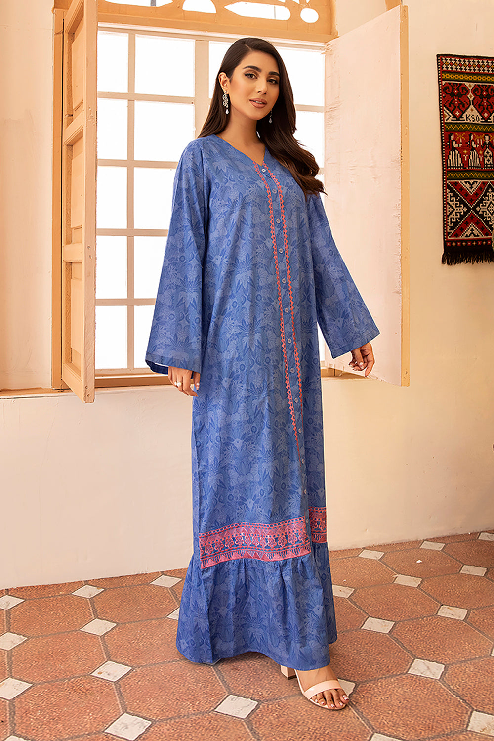 DS22-146-Printed Embroidered Button Down Fustaan 1PC
