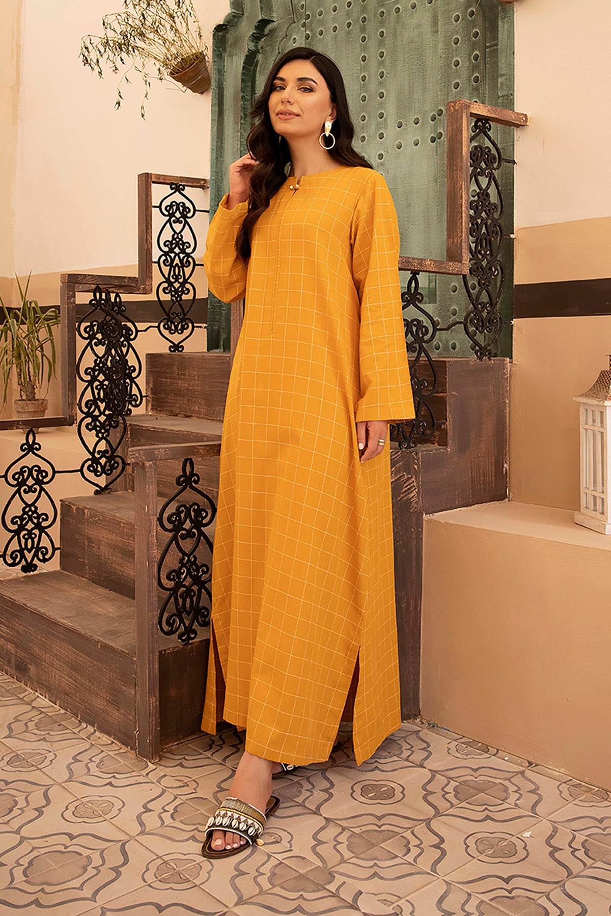 DS22-152-Band Neck Printed Fustaan 1PC
