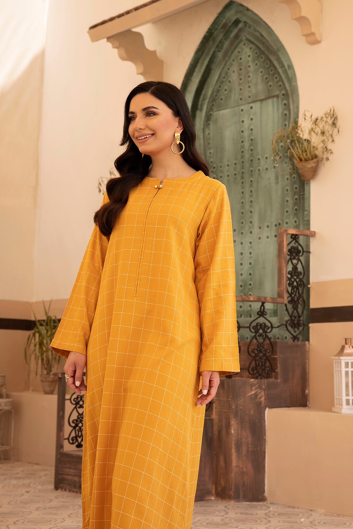 DS22-152-Band Neck Printed Fustaan 1PC