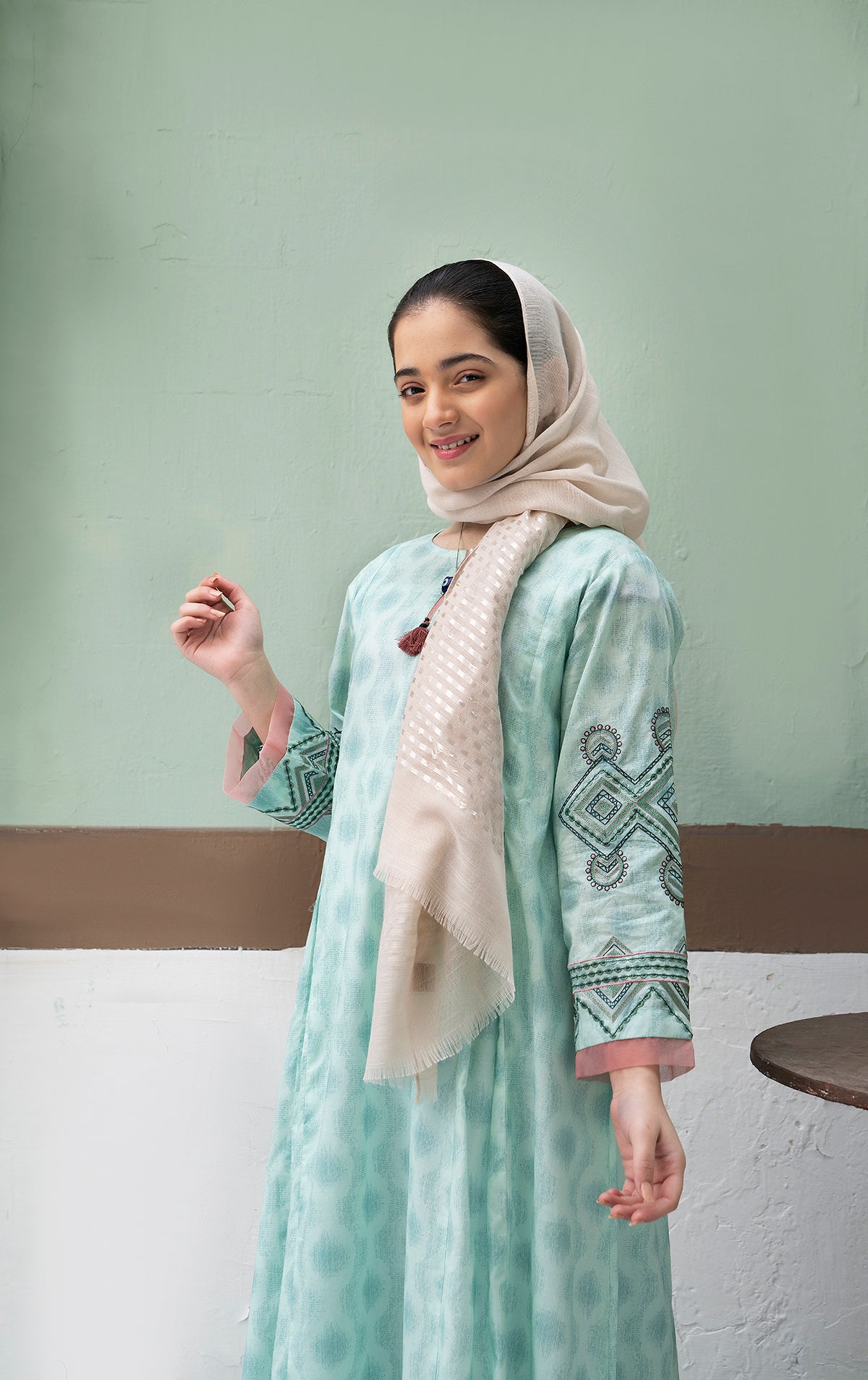 DS22-31-Printed Embroidered Tassel Detailing Fustaan 1PC