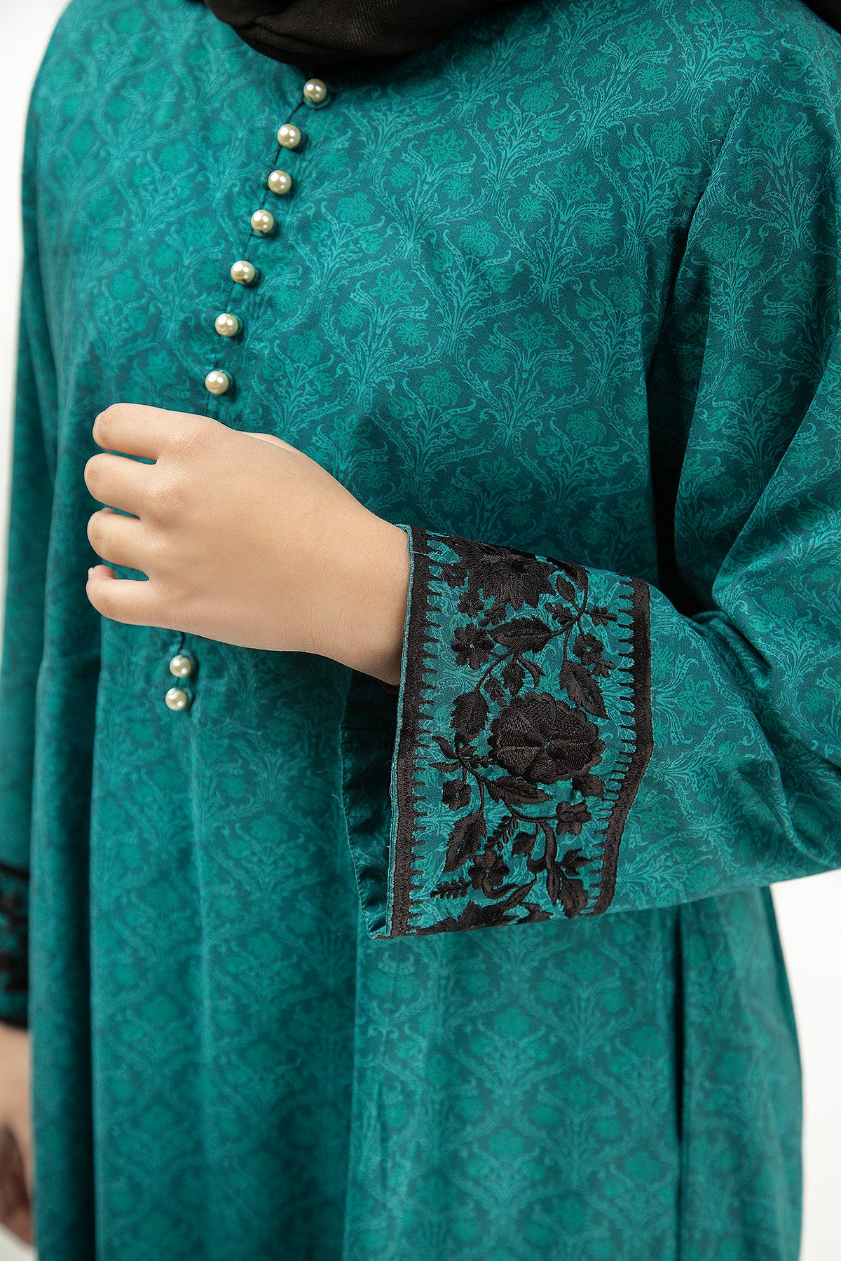 DS22-34-Printed Embroidered Pearl Detail Fustaan 1PC