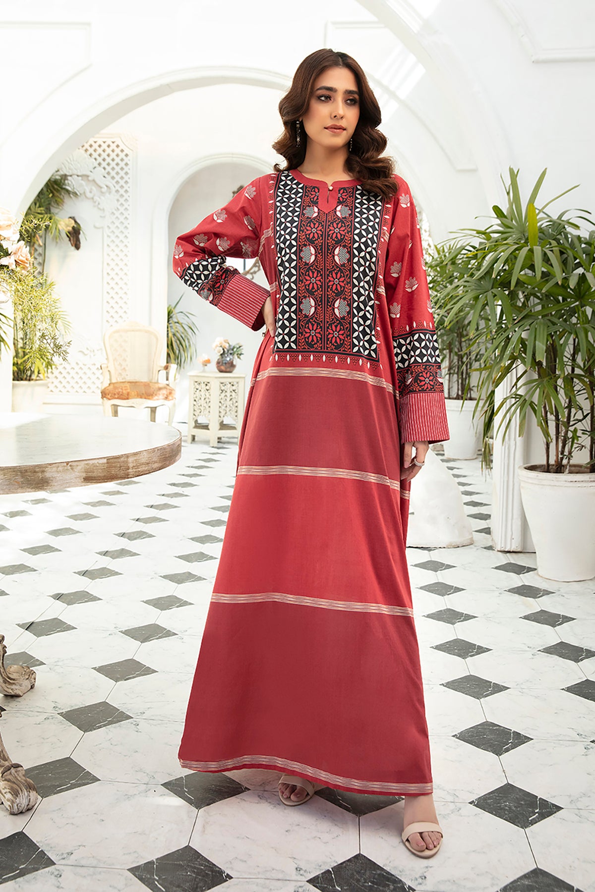 DS22-42-Printed Loop & Pearl Details Fustaan 1PC