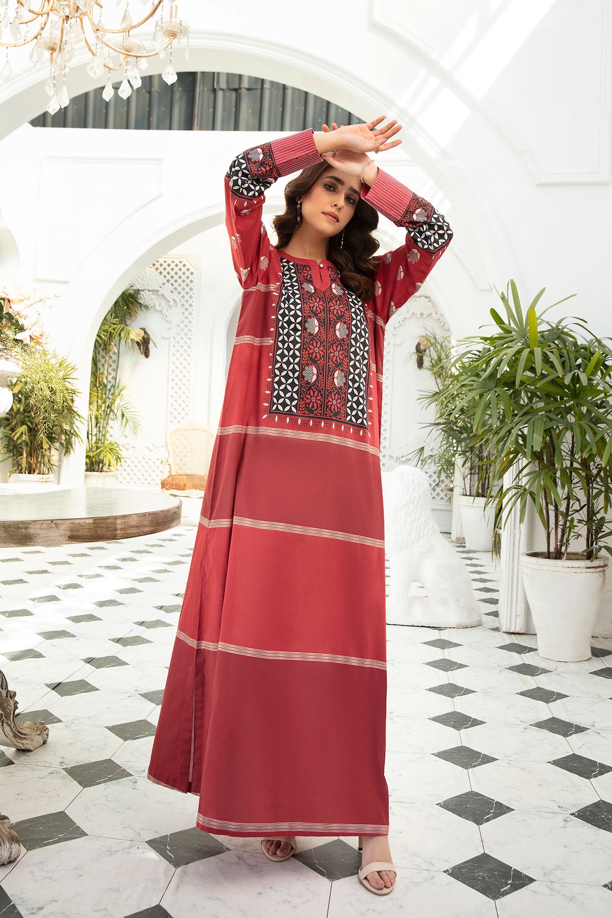 DS22-42-Printed Loop & Pearl Details Fustaan 1PC