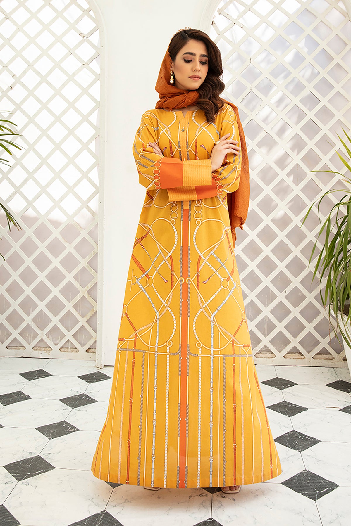 DS22-47-Placket Detailing Printed Fustaan 1PC