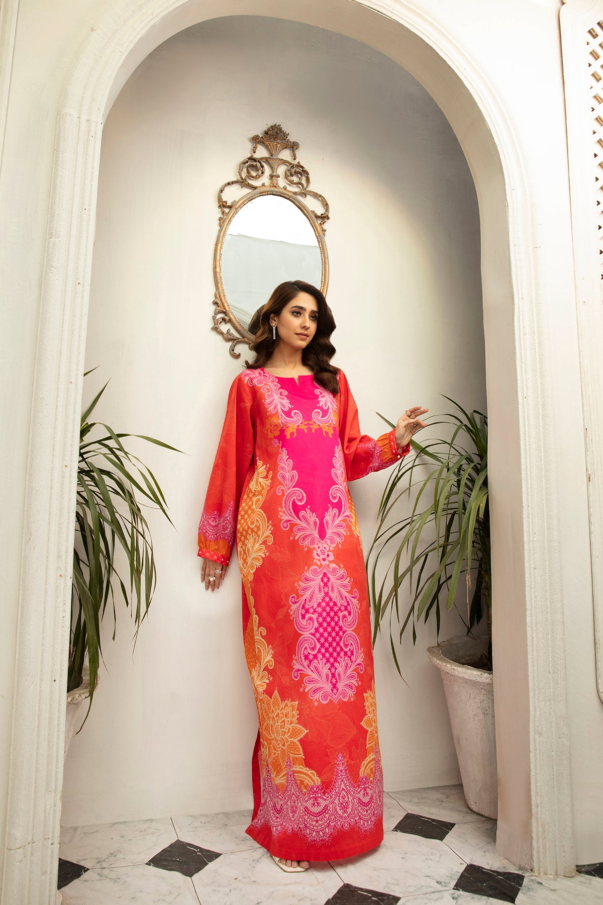 DS22-48-Pearl Detailing Printed Fustaan 1PC