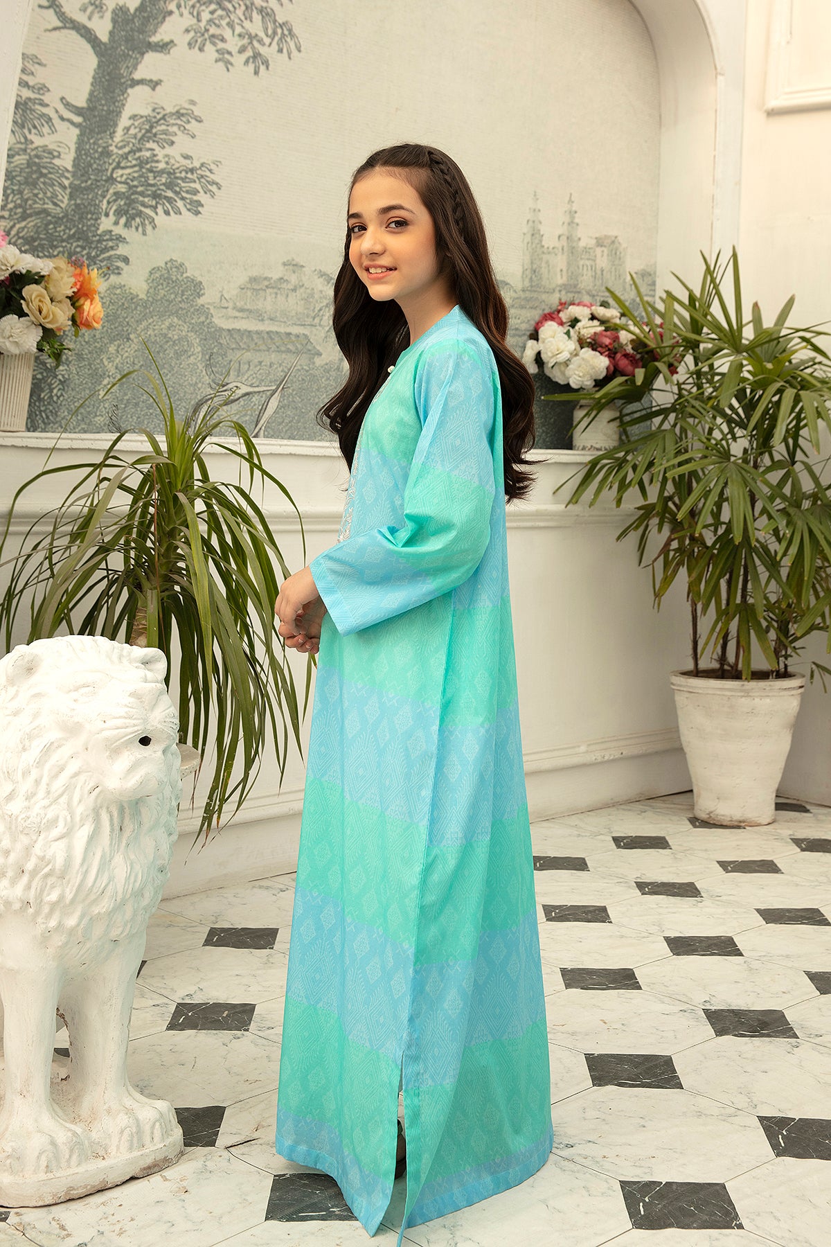DS22-53-Printed Embroidered Loop & Pearl Details Fustaan 1PC