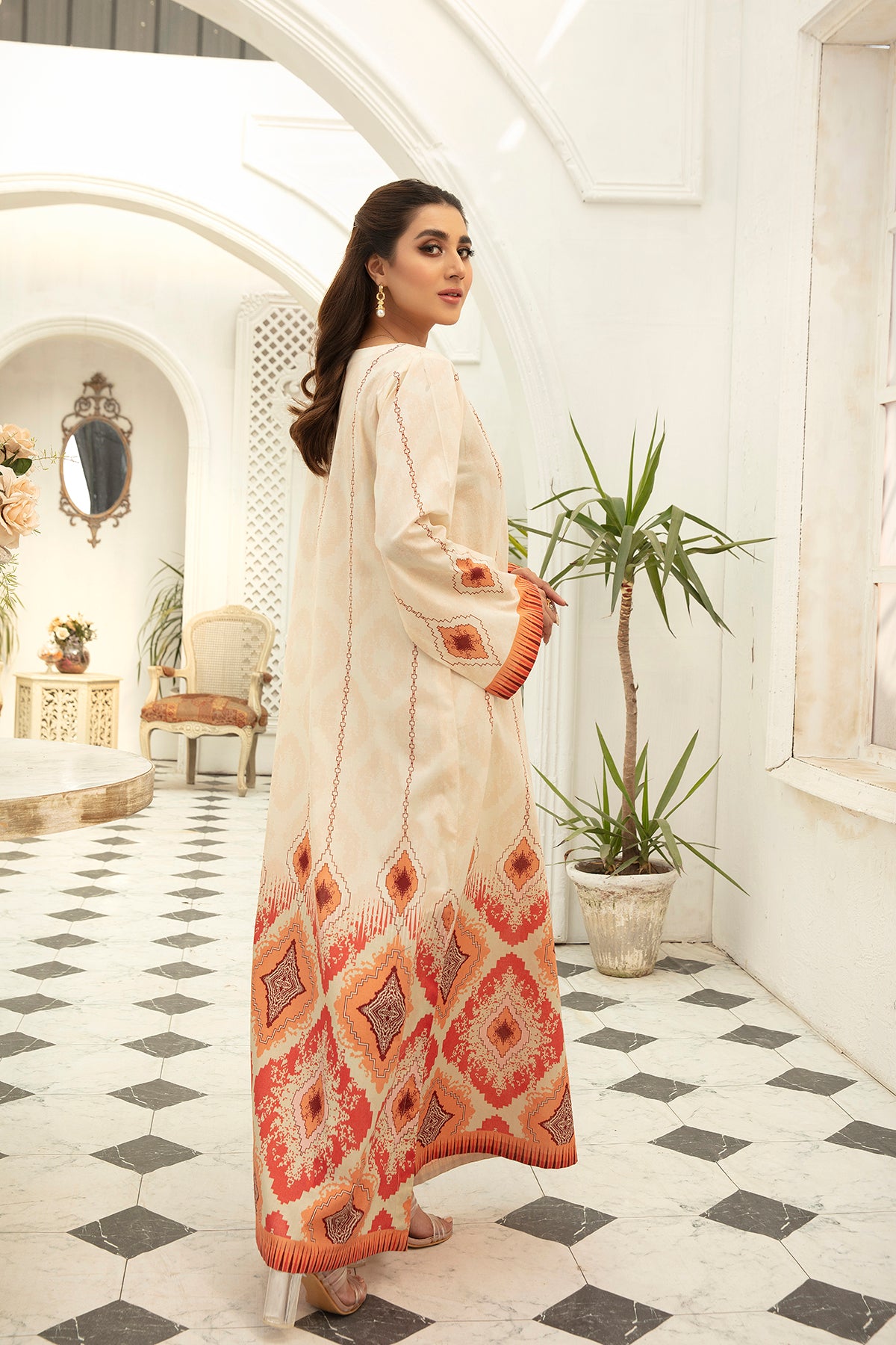 DS22-59-Printed Embroidered Button Details Fustaan 1PC