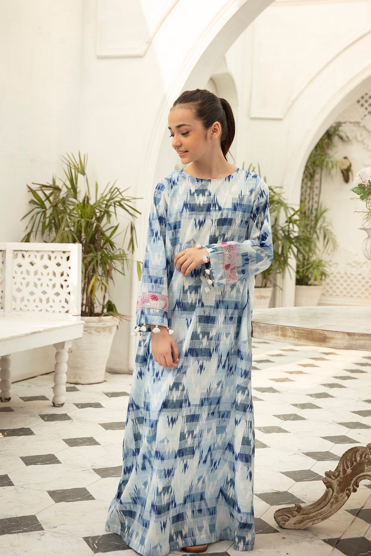 DS22-61-Printed Embroidered Tassels Details Fustaan 1PC