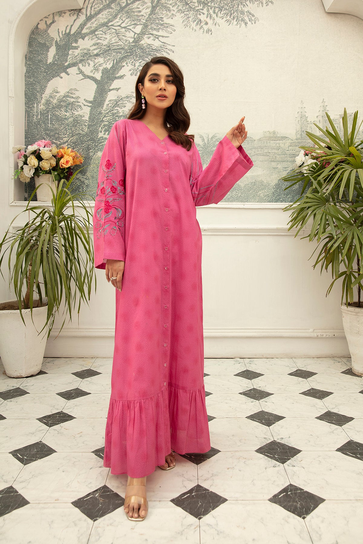 DS22-65-Printed Embroidered Button Down Fustaan 1PC