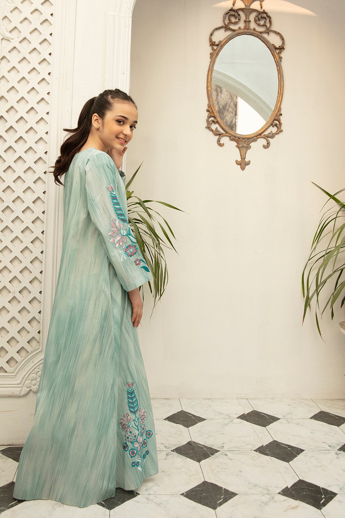 DS22-69-Printed Embroidered Flared Fustaan 1PC