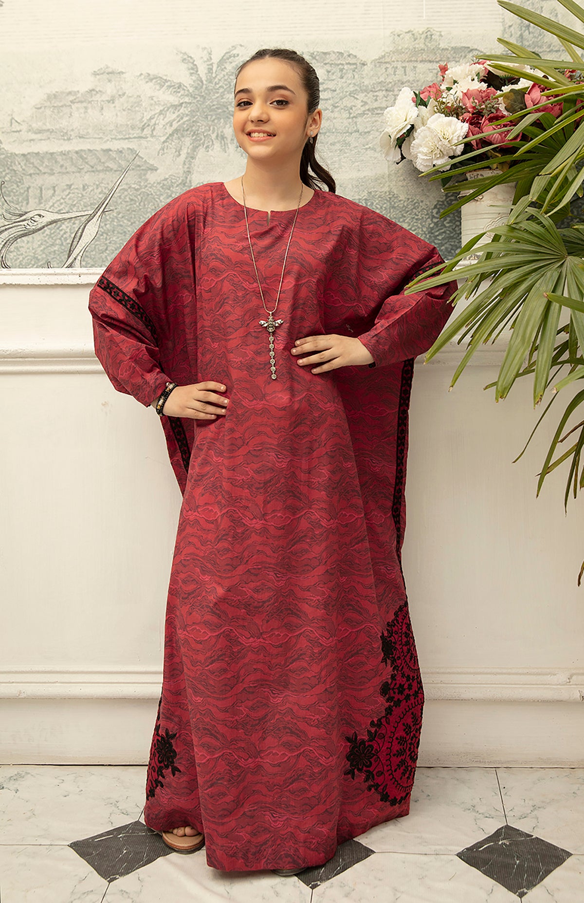 DS22-75-Printed Embroidered Loose Fustaan 1PC