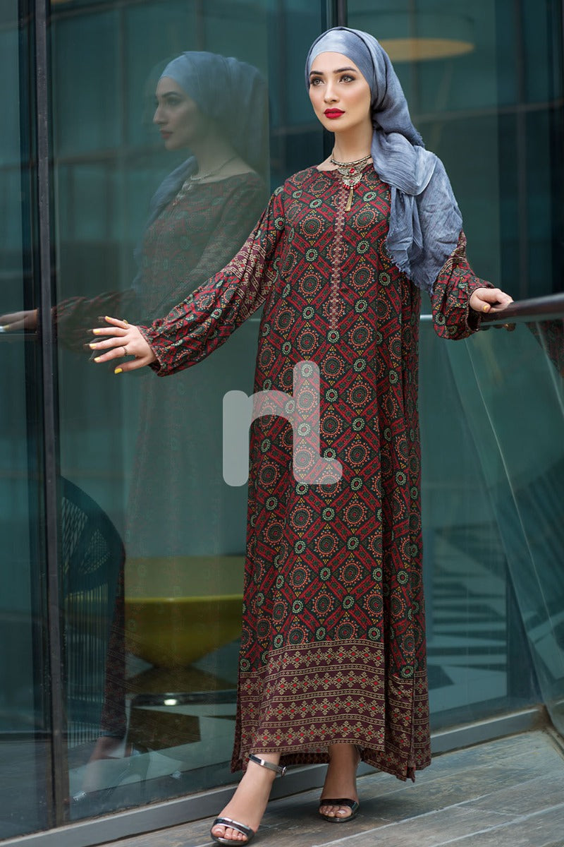DSW18-09 Brown Digital Printed Stitched Lawn Jalabiya - 1PC - Nishat Linen UAE