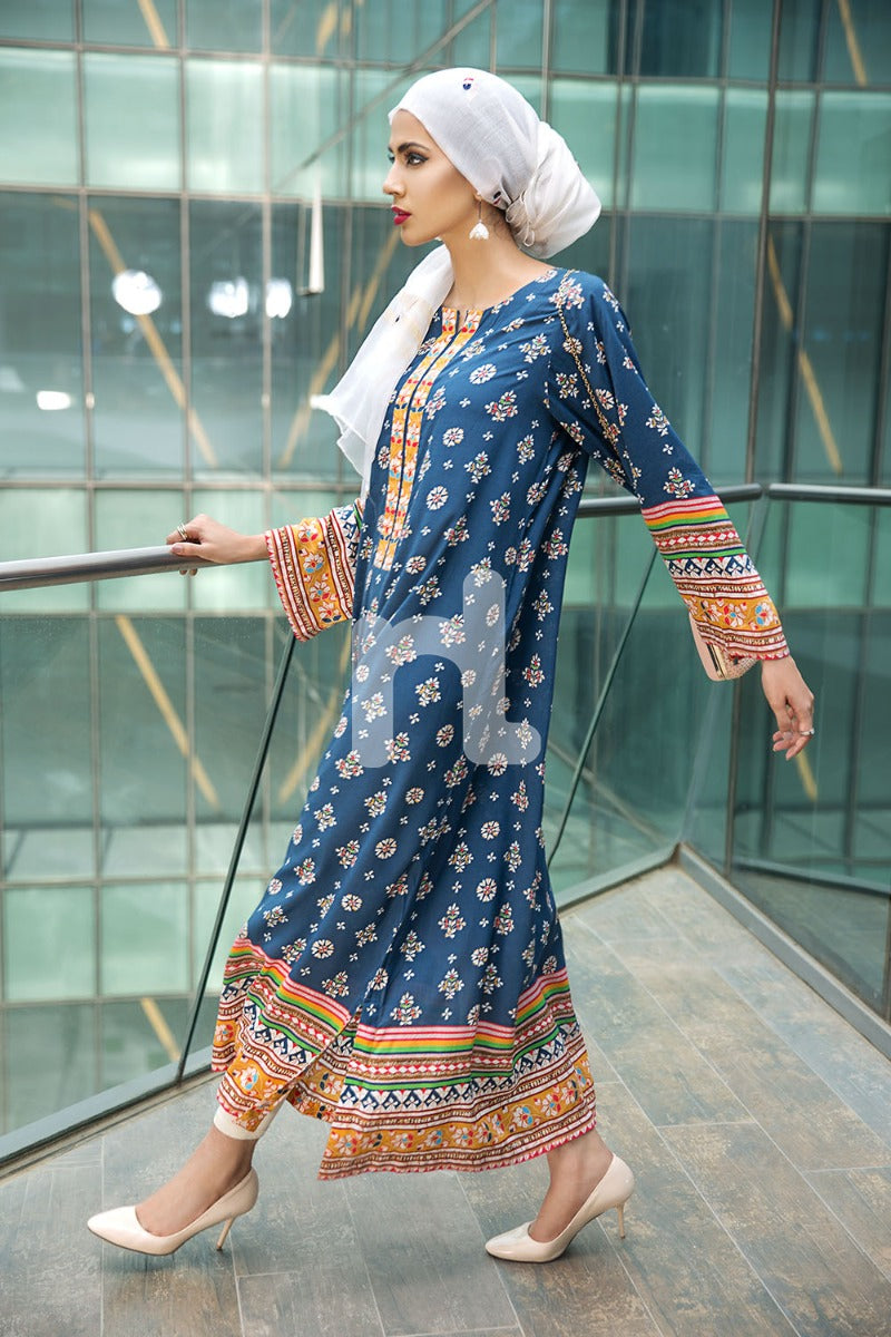 DSW18-17 Blue Digital Printed Stitched Lawn Jalabiya - 1PC - Nishat Linen UAE