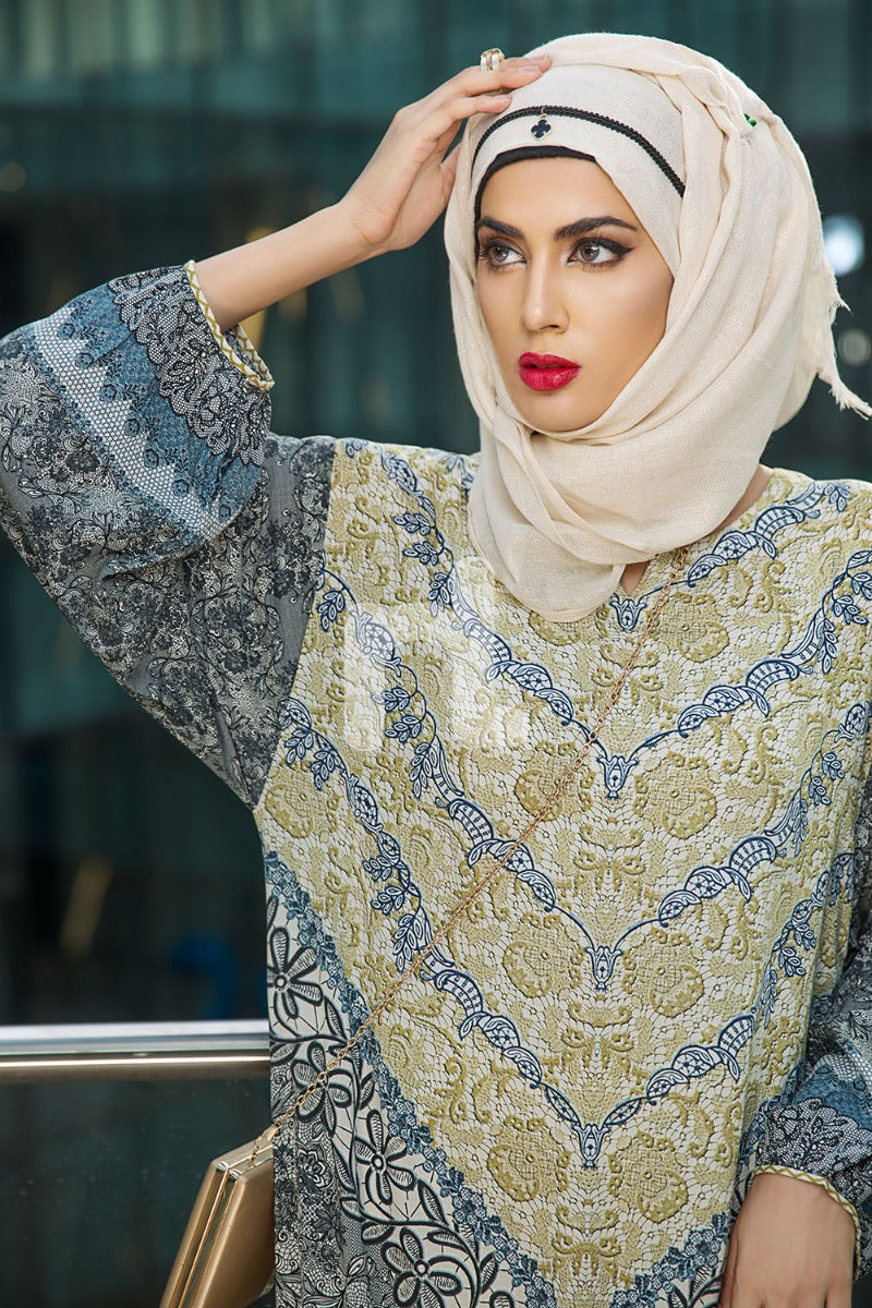 DSW18-19 Grey Digital Printed Stitched Lawn Jalabiya - 1PC - Nishat Linen UAE