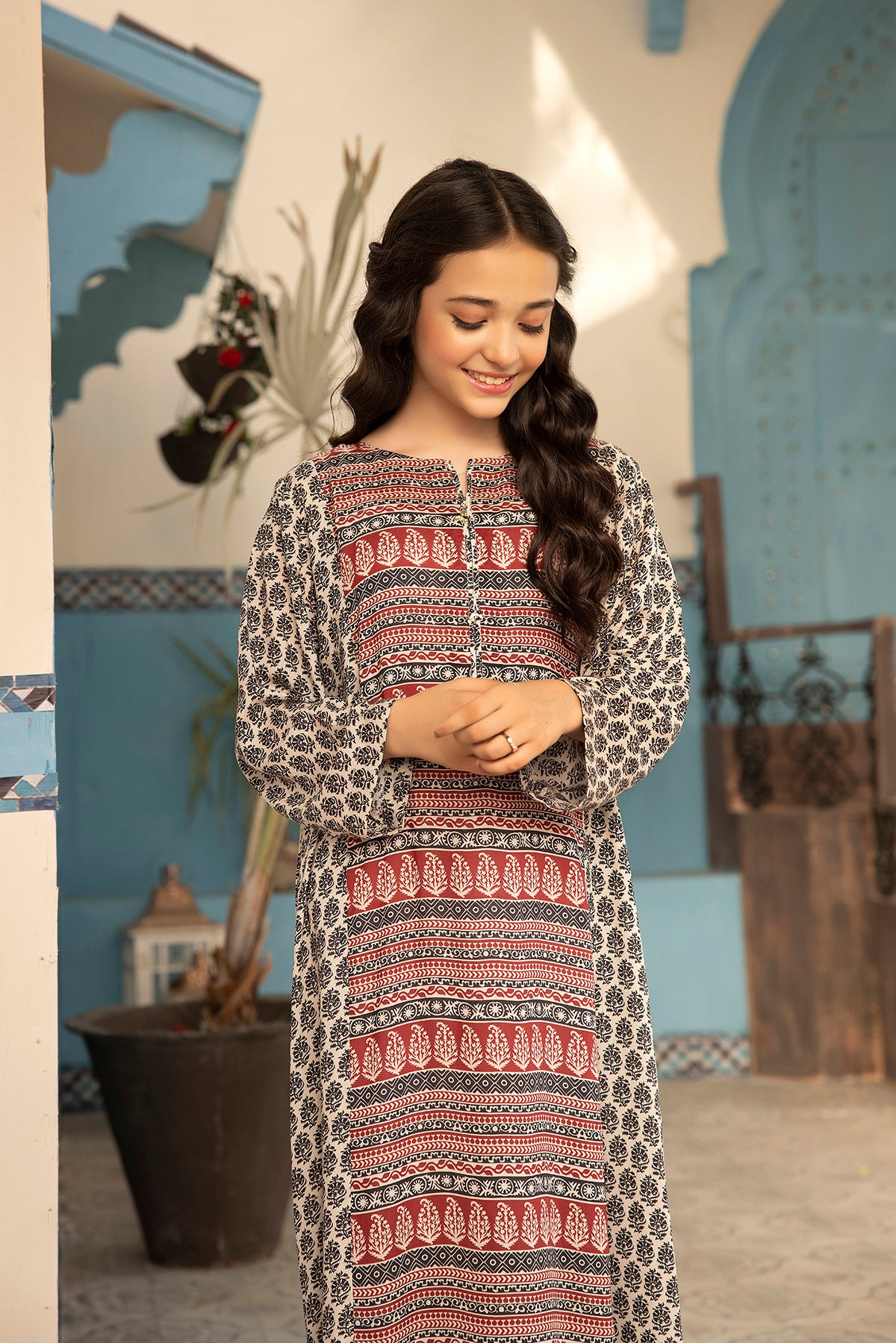 DSW21-49-Motie Detailing Printed Fustaan 1PC