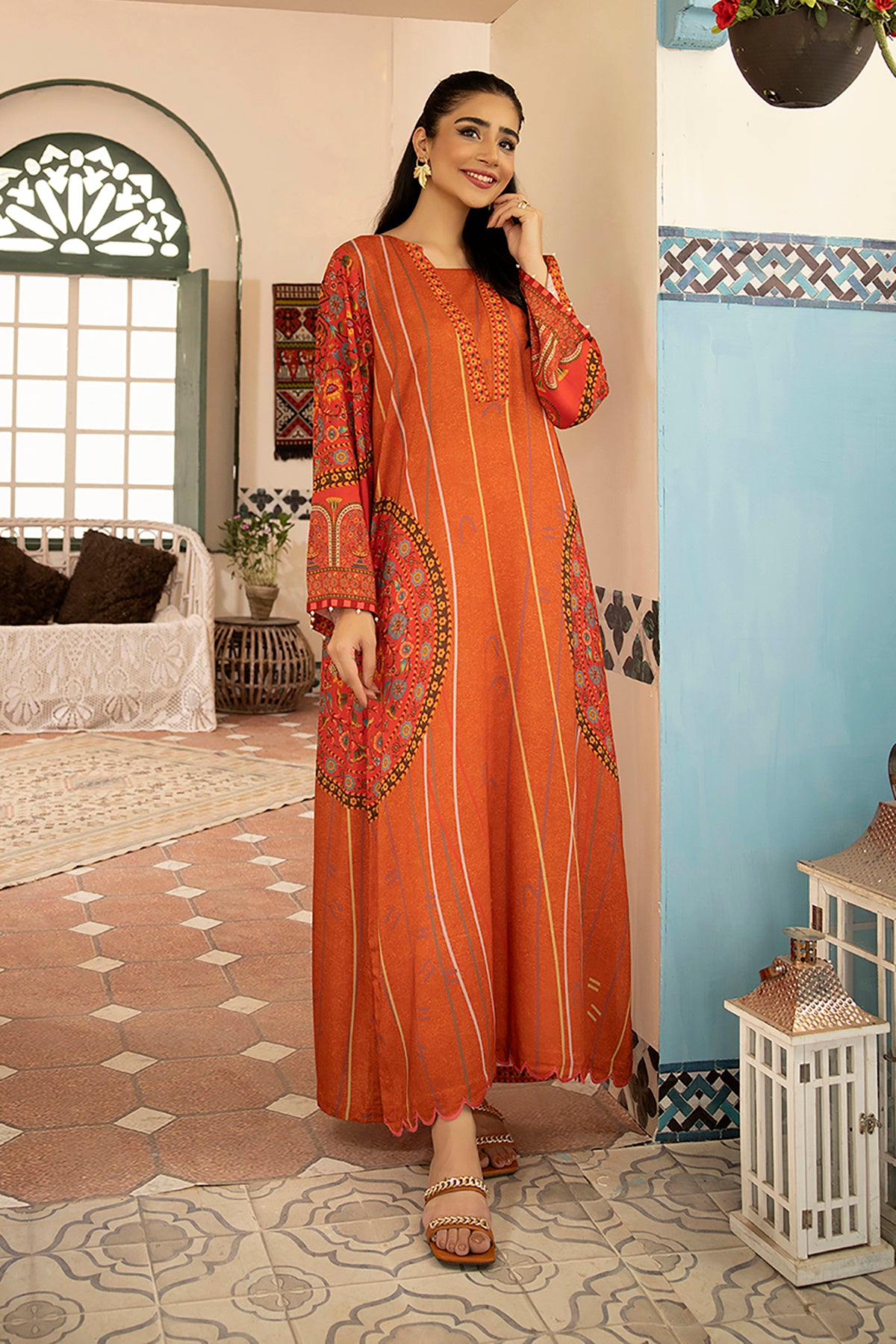 DSW21-57-Pearl Detailing Printed Embroidered Fustaan 1PC